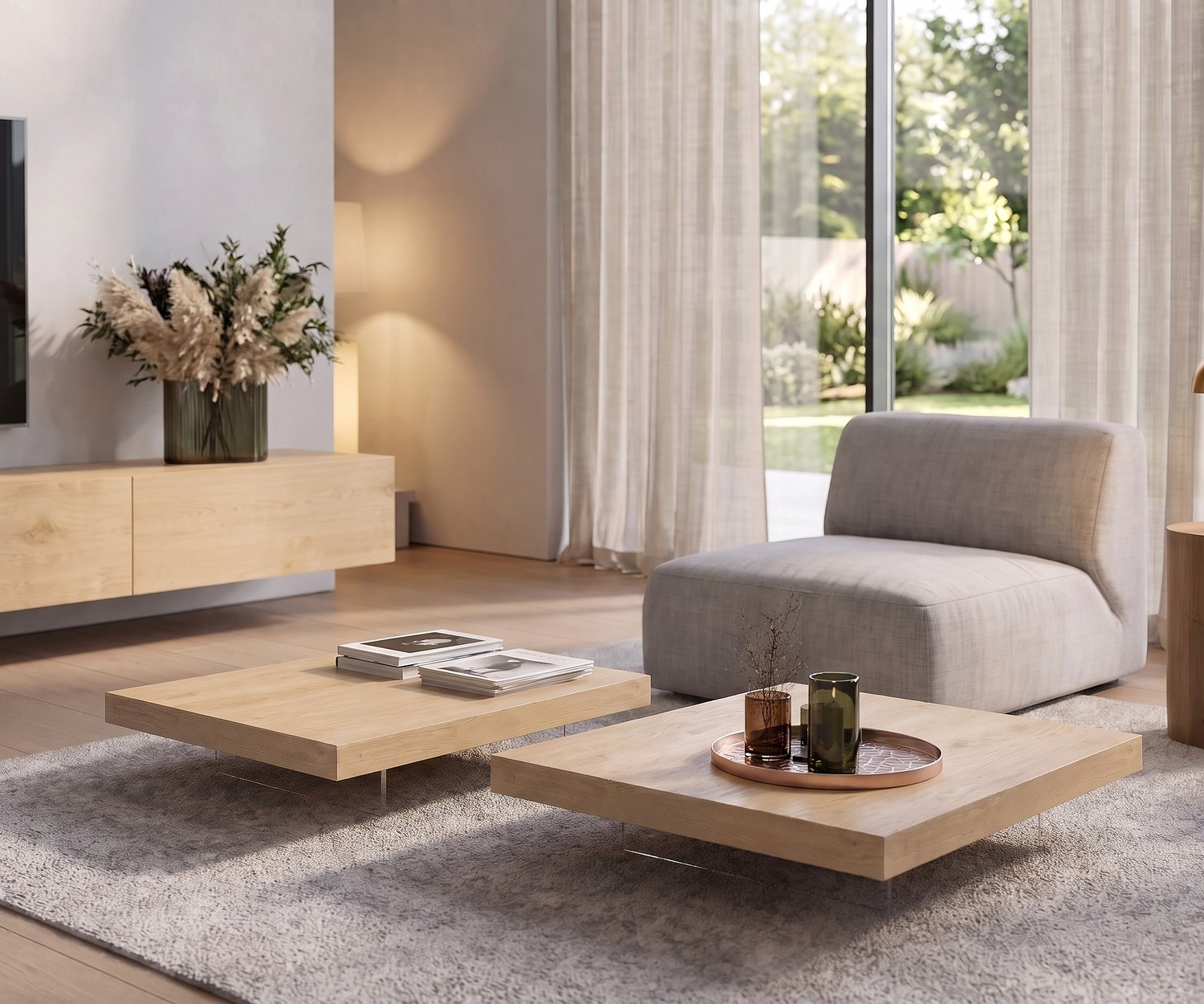 Table basse Livitalia Low en chêne clair pour salon moderne au design minimaliste avec piètement transparent.