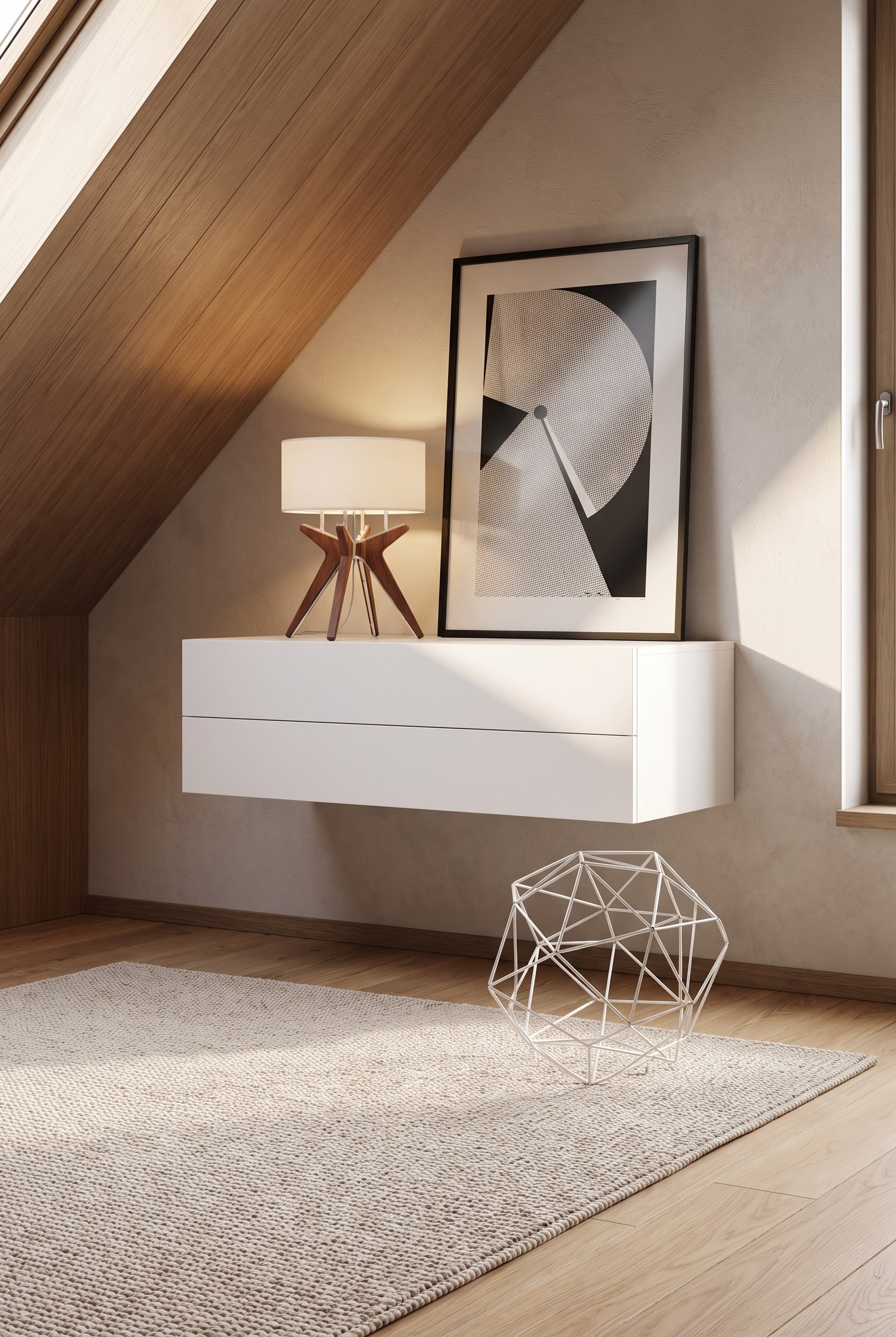 Une commode suspendue Novamobili minimaliste placée contre un mur dans une pièce mansardée, créant une impression d'espace grâce à la surface au sol dégagée.