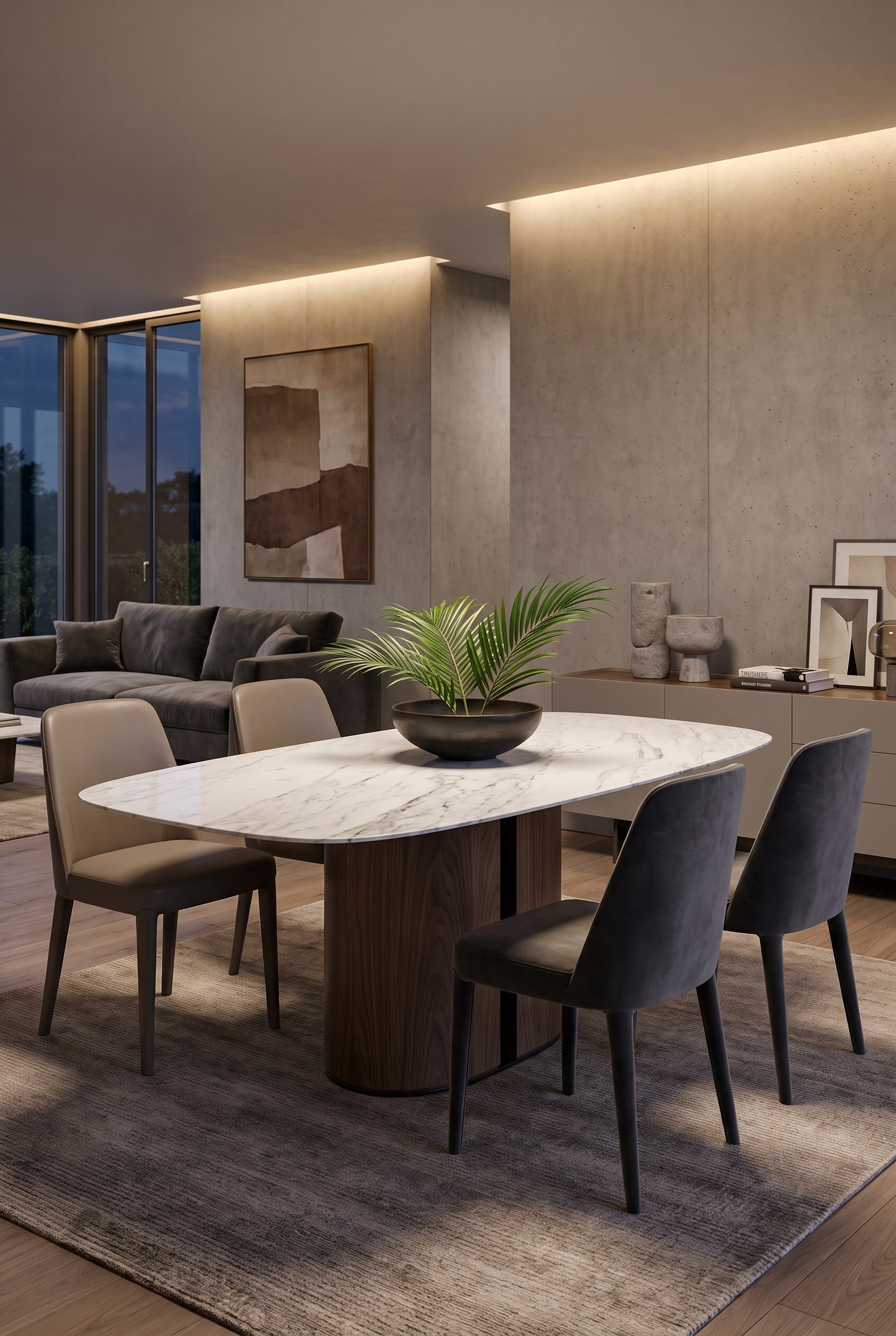 Une table &agrave; manger moderne al2 el-it c 001 en bois chaud dans une salle &agrave; manger puriste avec des murs en b&eacute;ton apparent