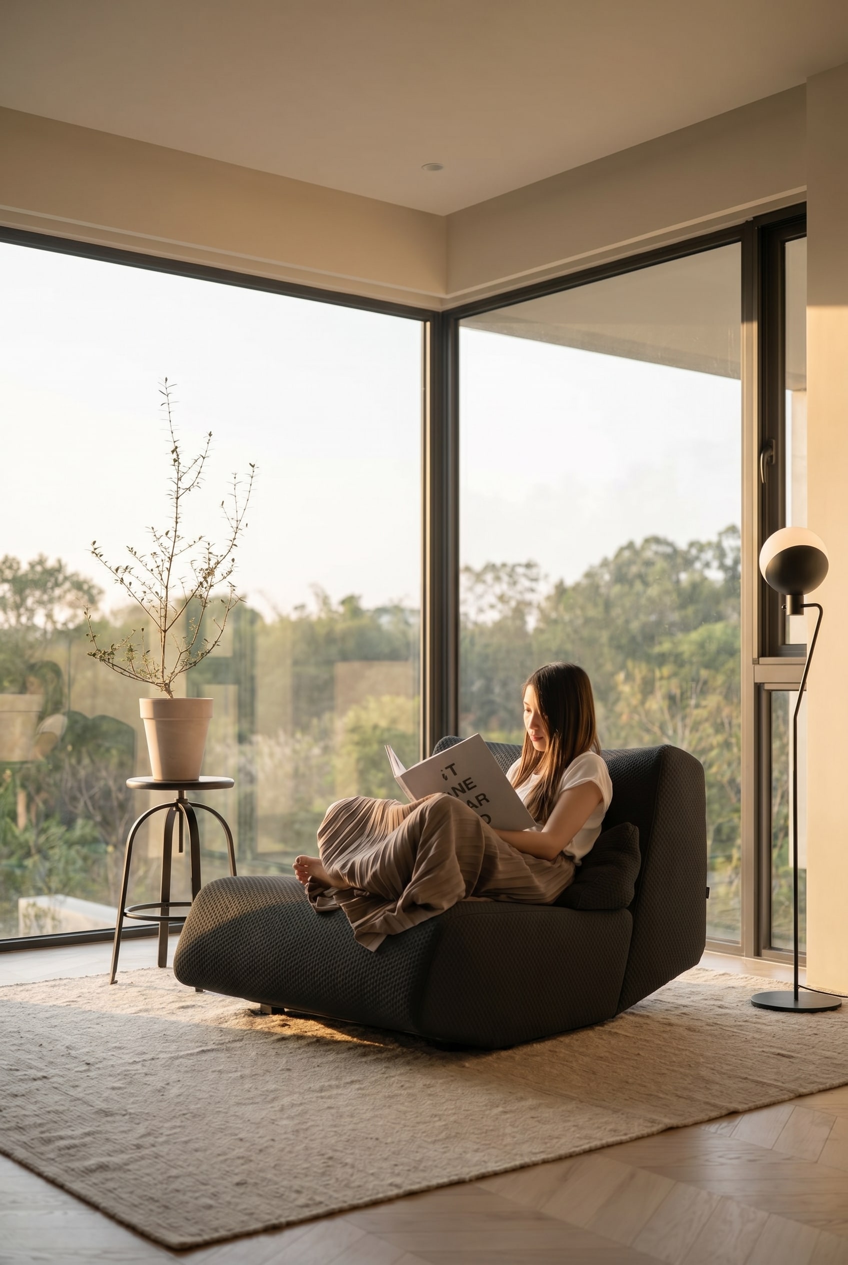 Grand fauteuil lounge Absent en tissu foncé dans une pièce lumineuse avec plante verte et coussin lombaire
