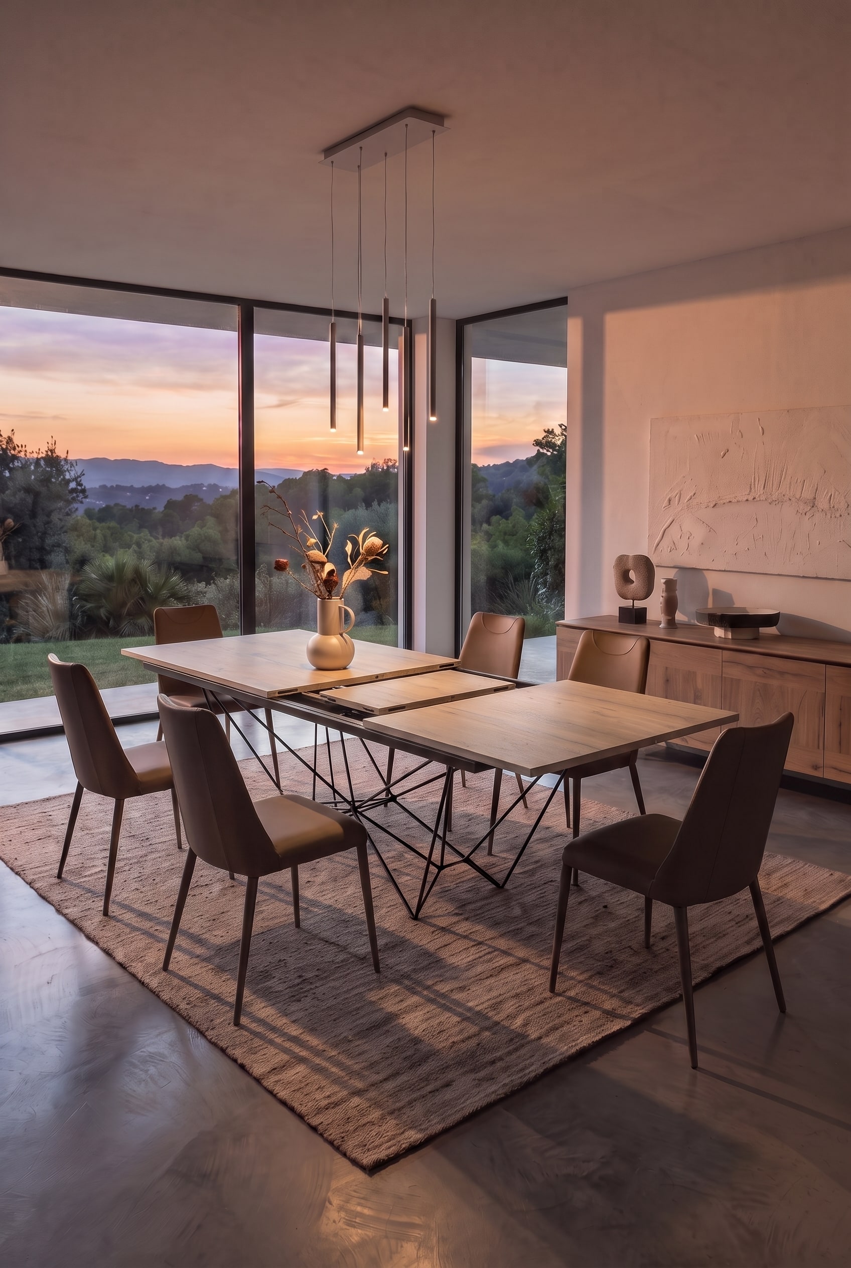 La table &agrave; manger Ozzio Fil8 est en train d'&ecirc;tre ouverte, les rallonges int&eacute;rieures deviennent visibles.