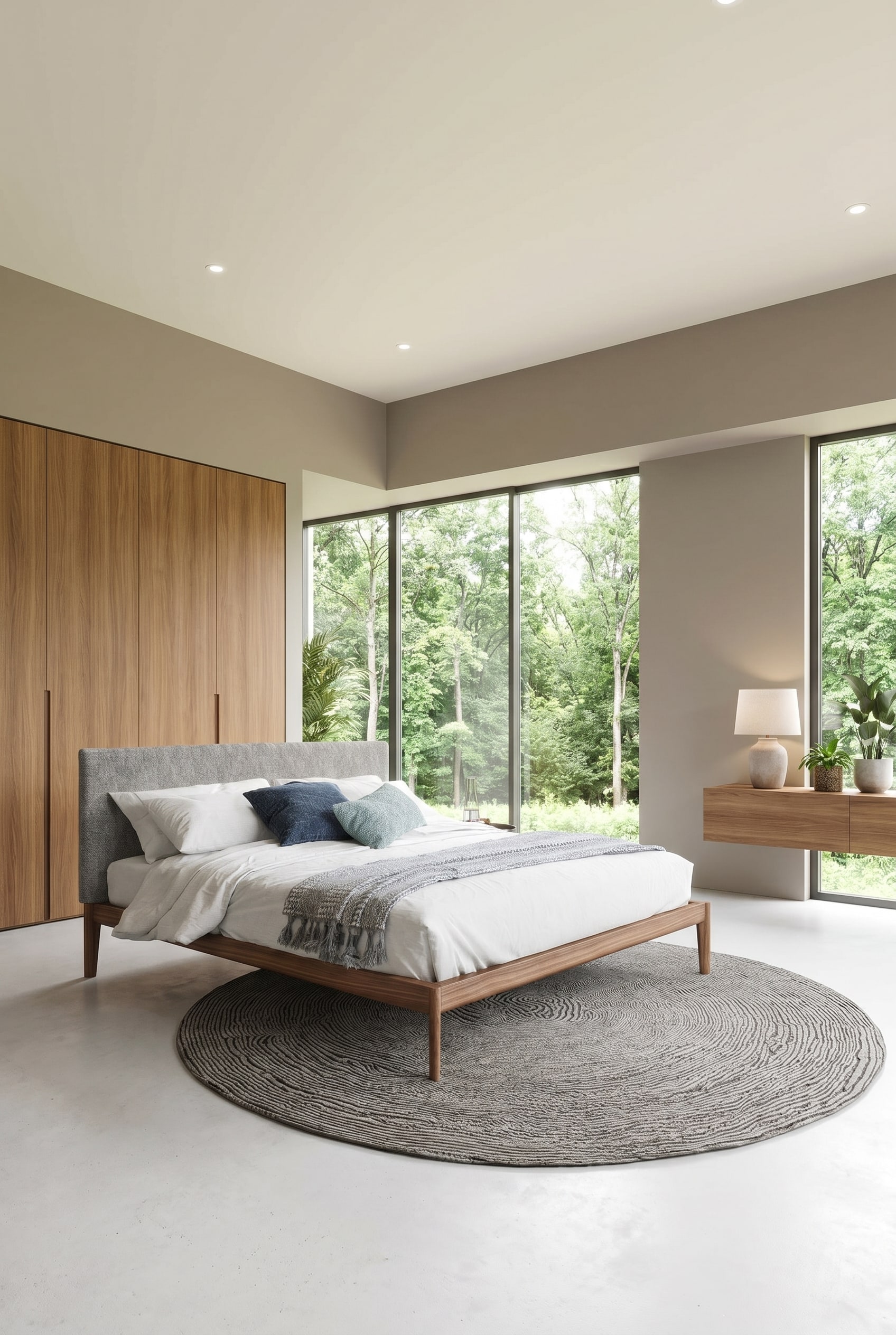 Chambre lumineuse avec lit en bois massif puriste, linge de lit en lin beige et tapis rond