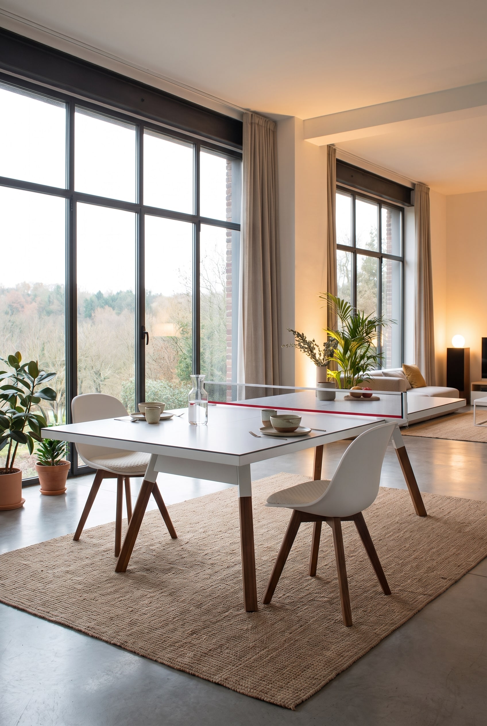 Grande salle à manger loft avec table de ping-pong blanche transformée en table à manger, pieds en bois et deux chaises design