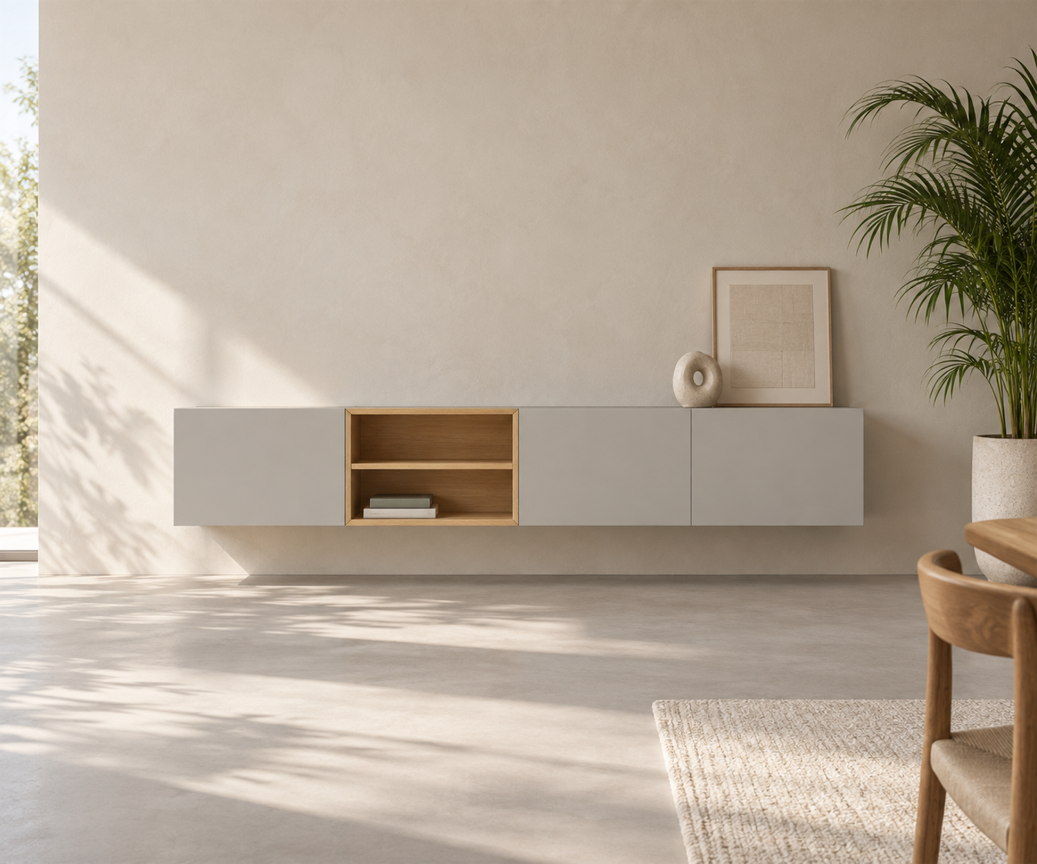 Livitalia Box 18 Wanddressoir 240 cm – Mat lichtgrijs + Licht eiken