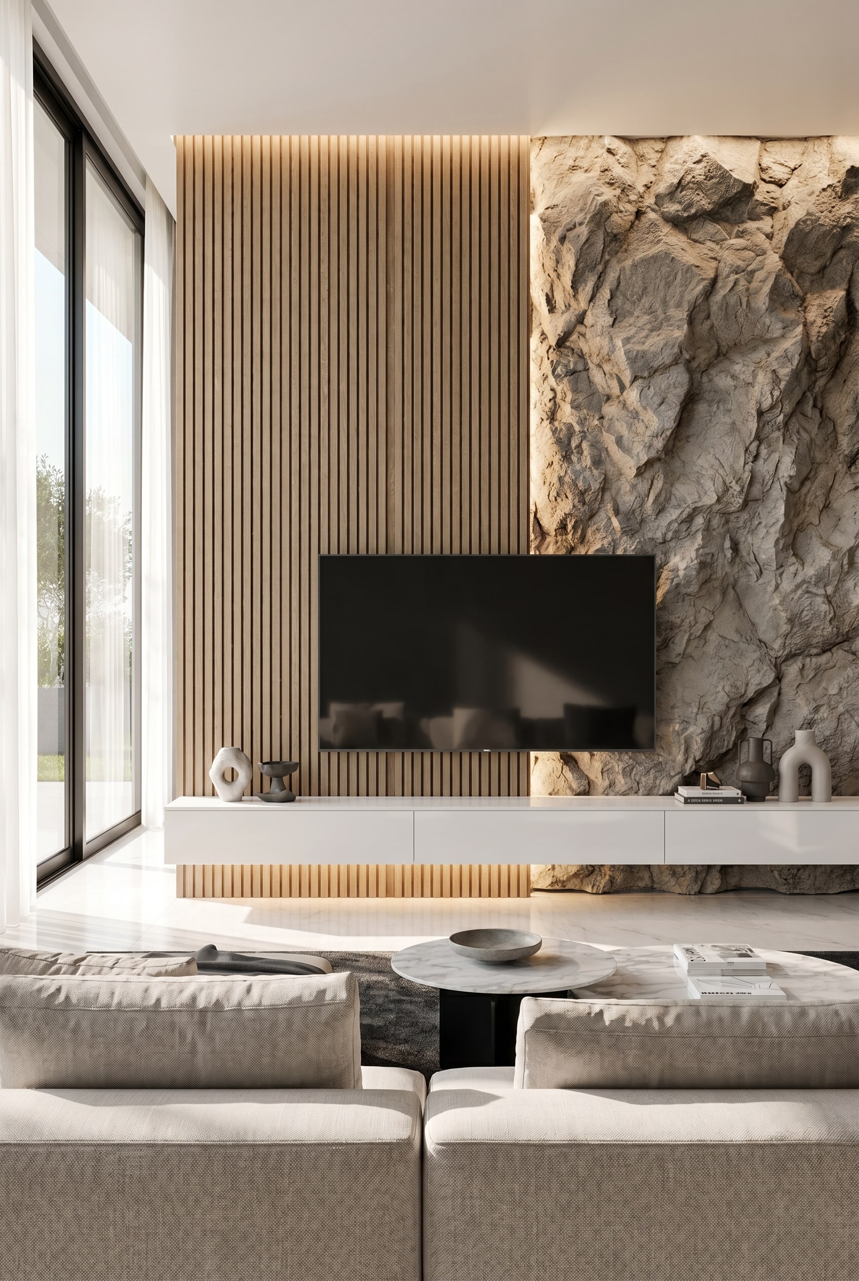 Meuble bas modulaire blanc devant un mur gris clair avec des panneaux acoustiques en bois adjacents dans un cadre moderne