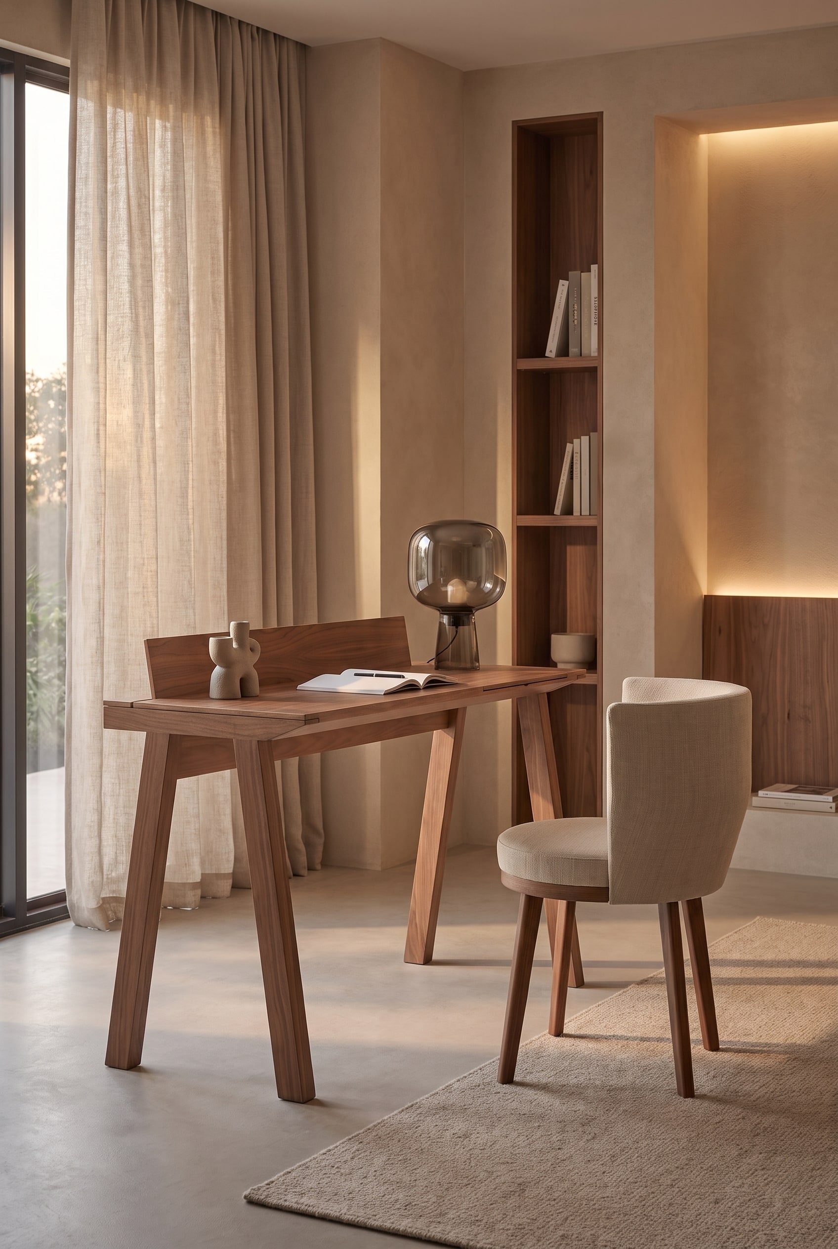 Espace de vie élégant avec un secrétaire moderne en noyer à dossier relevé, un tabouret rembourré et une lampe de table en verre fumé.