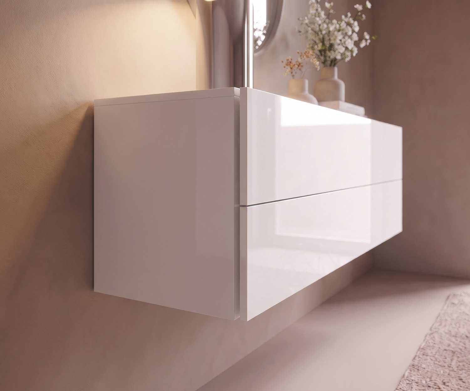 Commode suspendue Novamobili Easy dans une chambre. Commode murale moderne blanc brillant pour un design minimaliste.