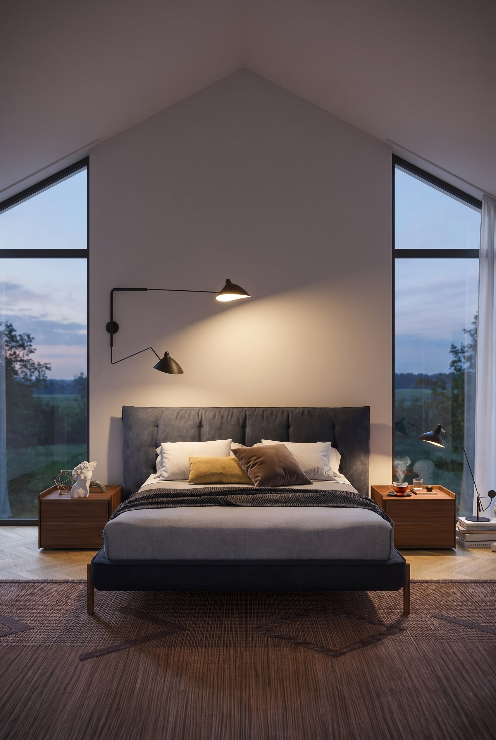 Lit rembourr&eacute; bleu fonc&eacute; avec un cadre textile &eacute;pais dans une chambre mansard&eacute;e confortable