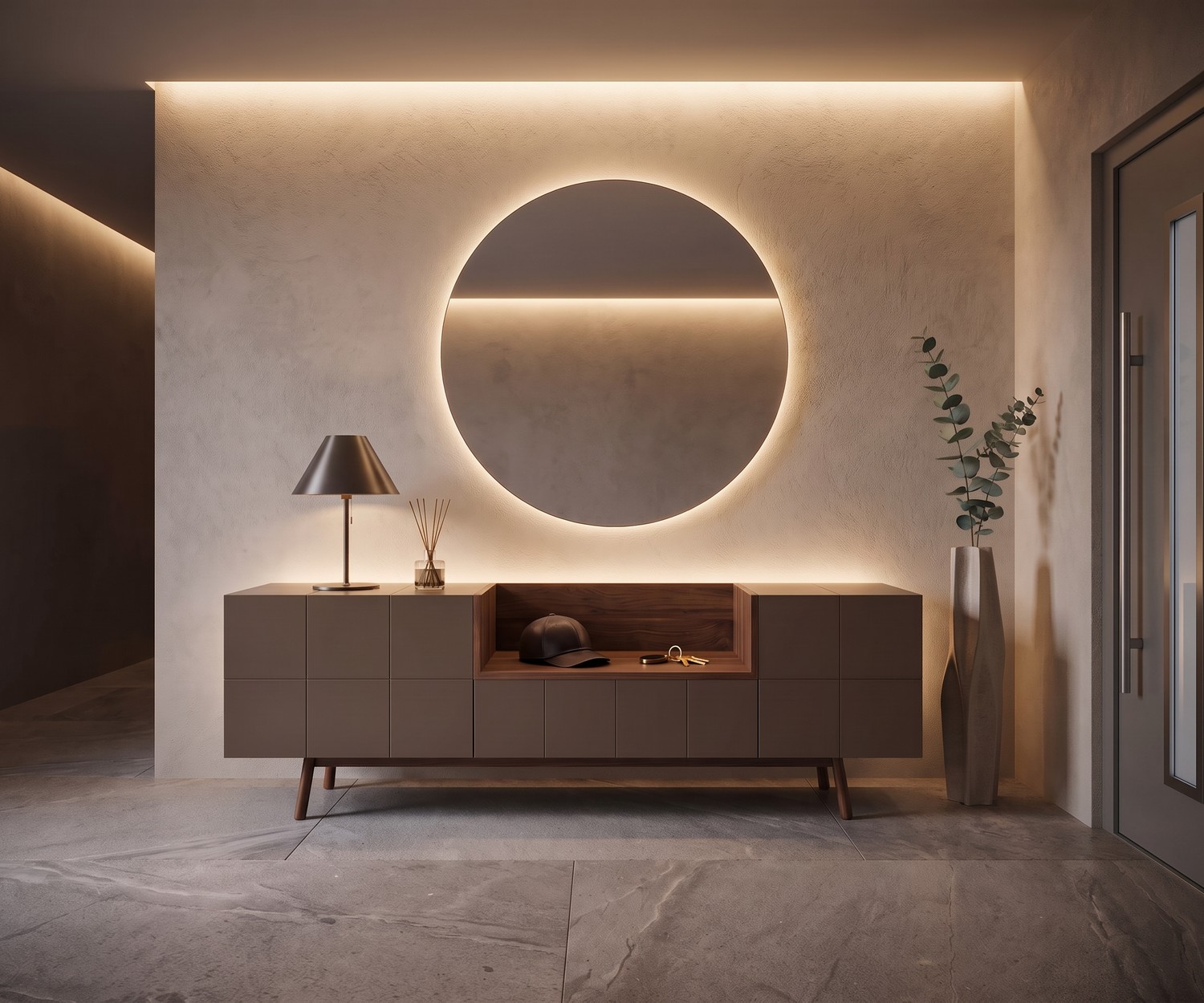 Buffet al2 MOS-I-KO 003 A dans une entrée moderne, commode marron mat avec niche en bois et miroir rond rétroéclairé