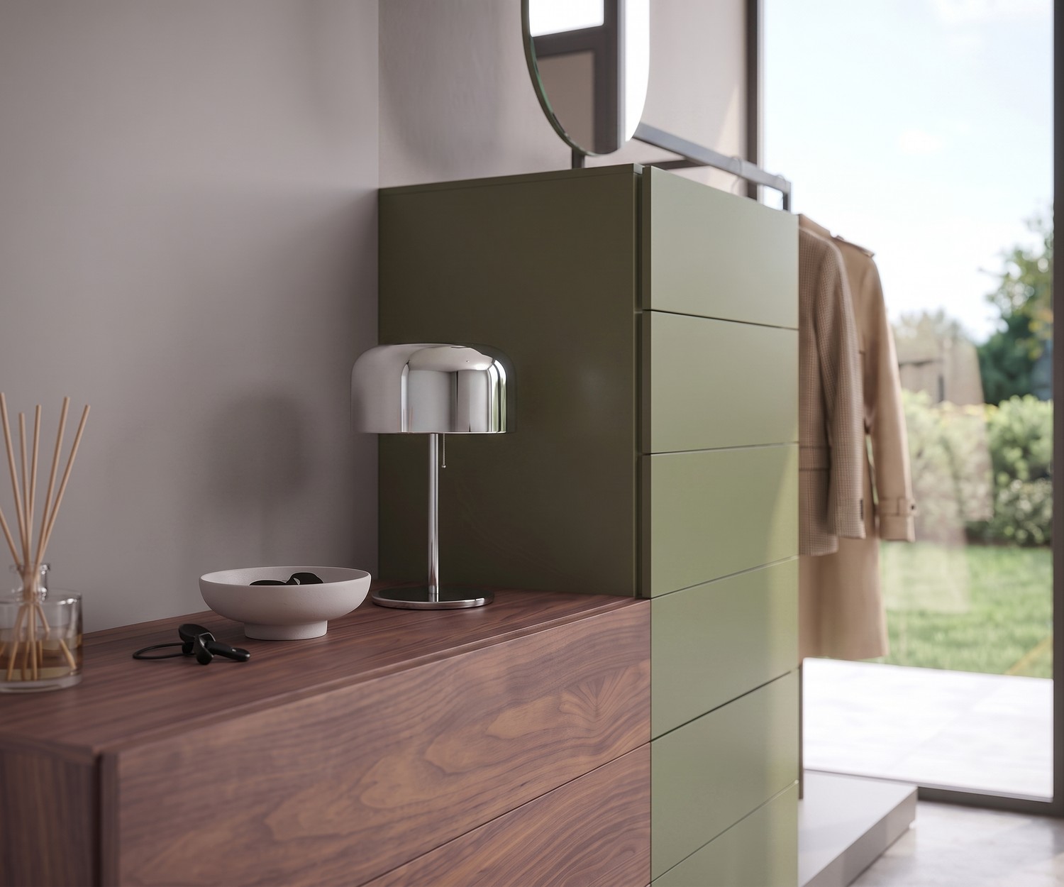 Commode avec penderie Novamobili Easy 9 pour entrée en noyer et vert sauge, design italien moderne et modulaire.