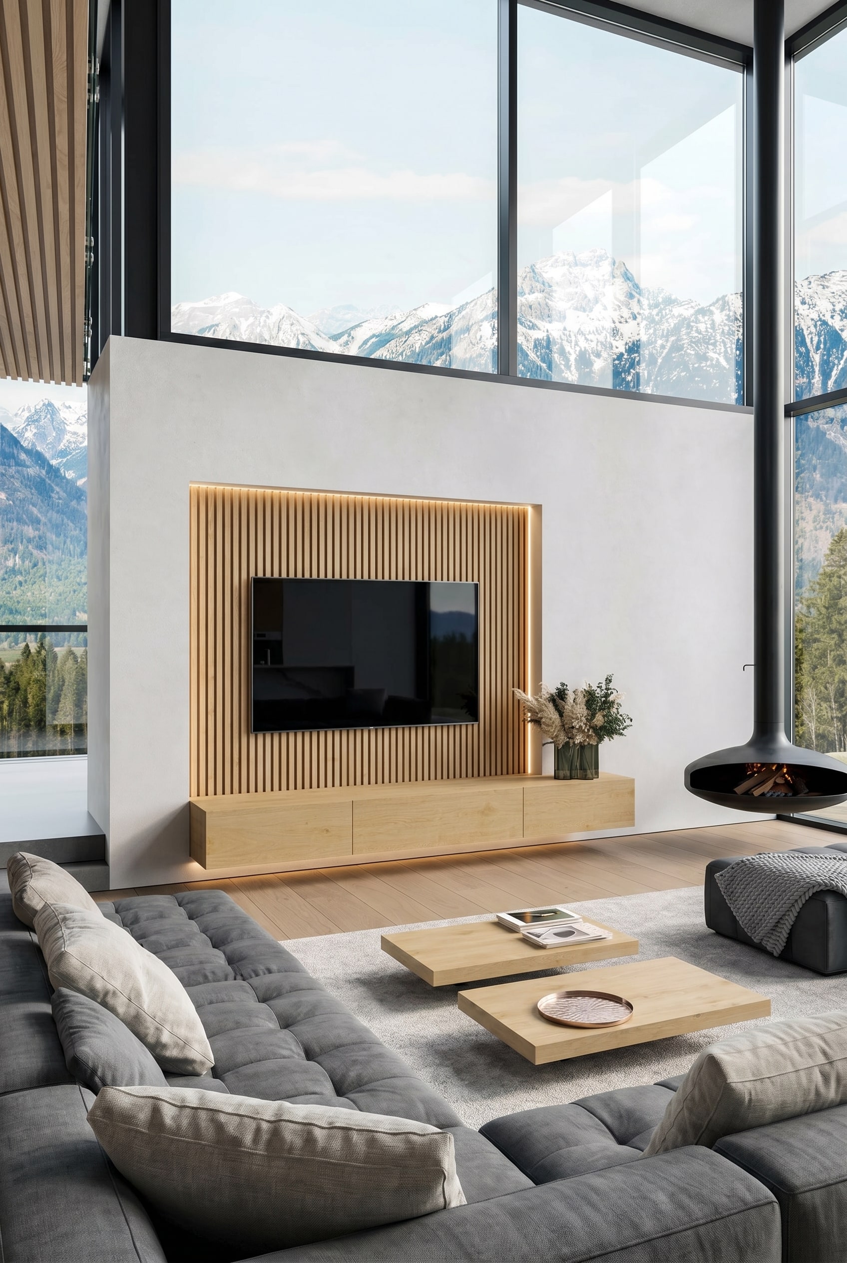 Meuble TV bas en bois naturel avec trois tiroirs devant un mur minimaliste avec joint creux et &eacute;clairage LED