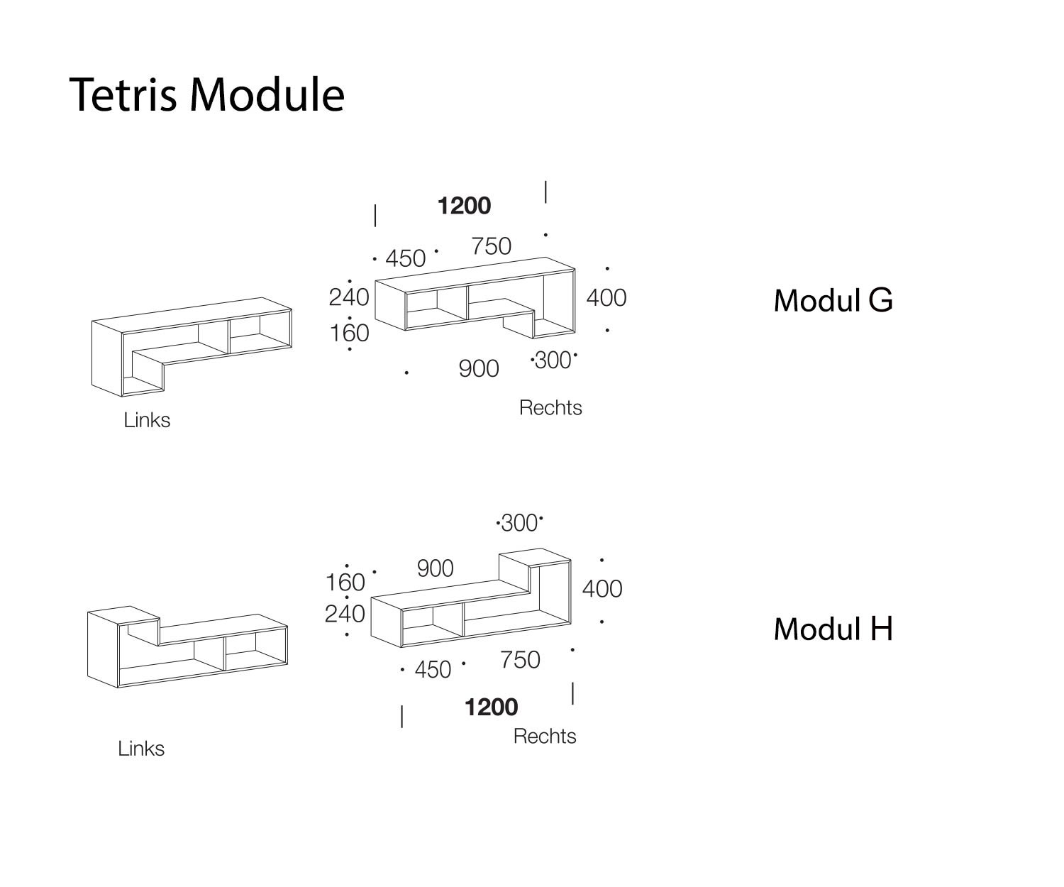Tetris Designer Plank Modules G en H Schets Afmetingen