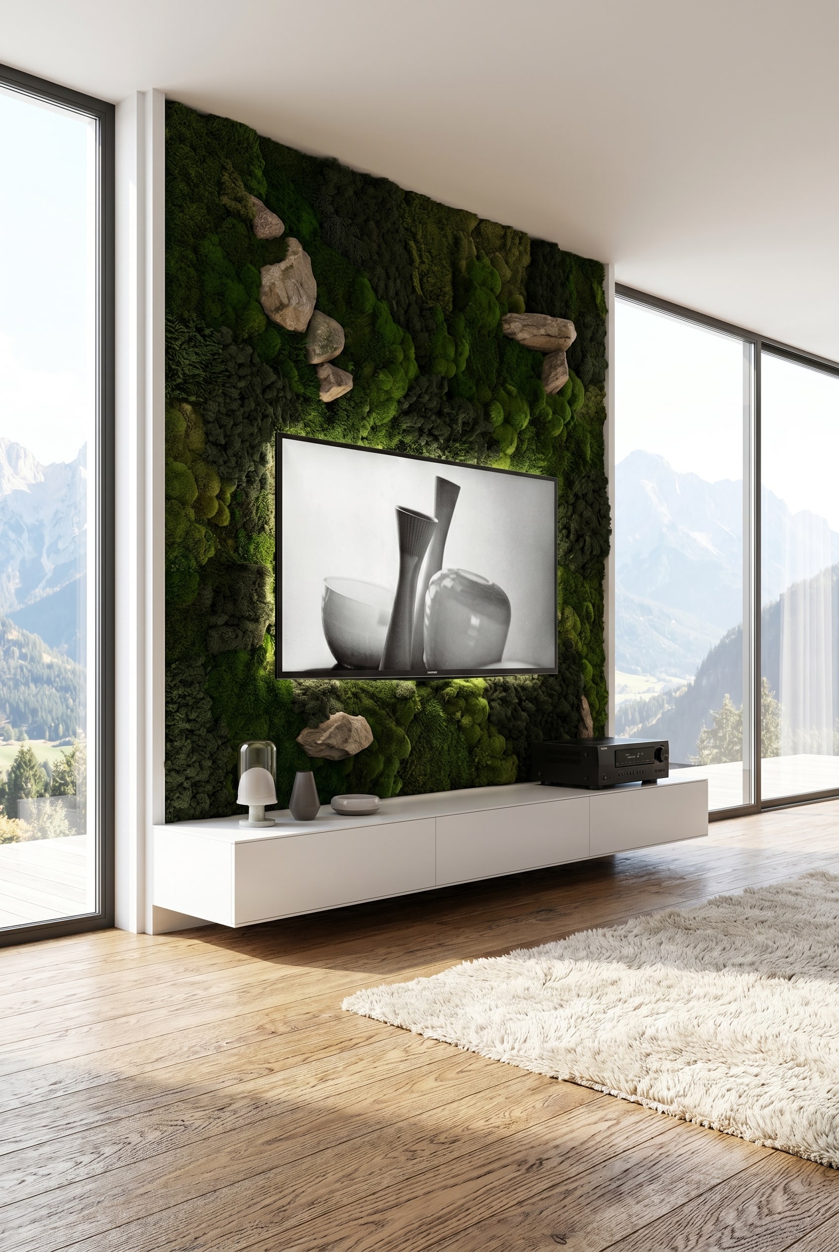 Long meuble bas blanc mat devant une décoration murale en mousse et de grandes fenêtres avec vue sur la montagne