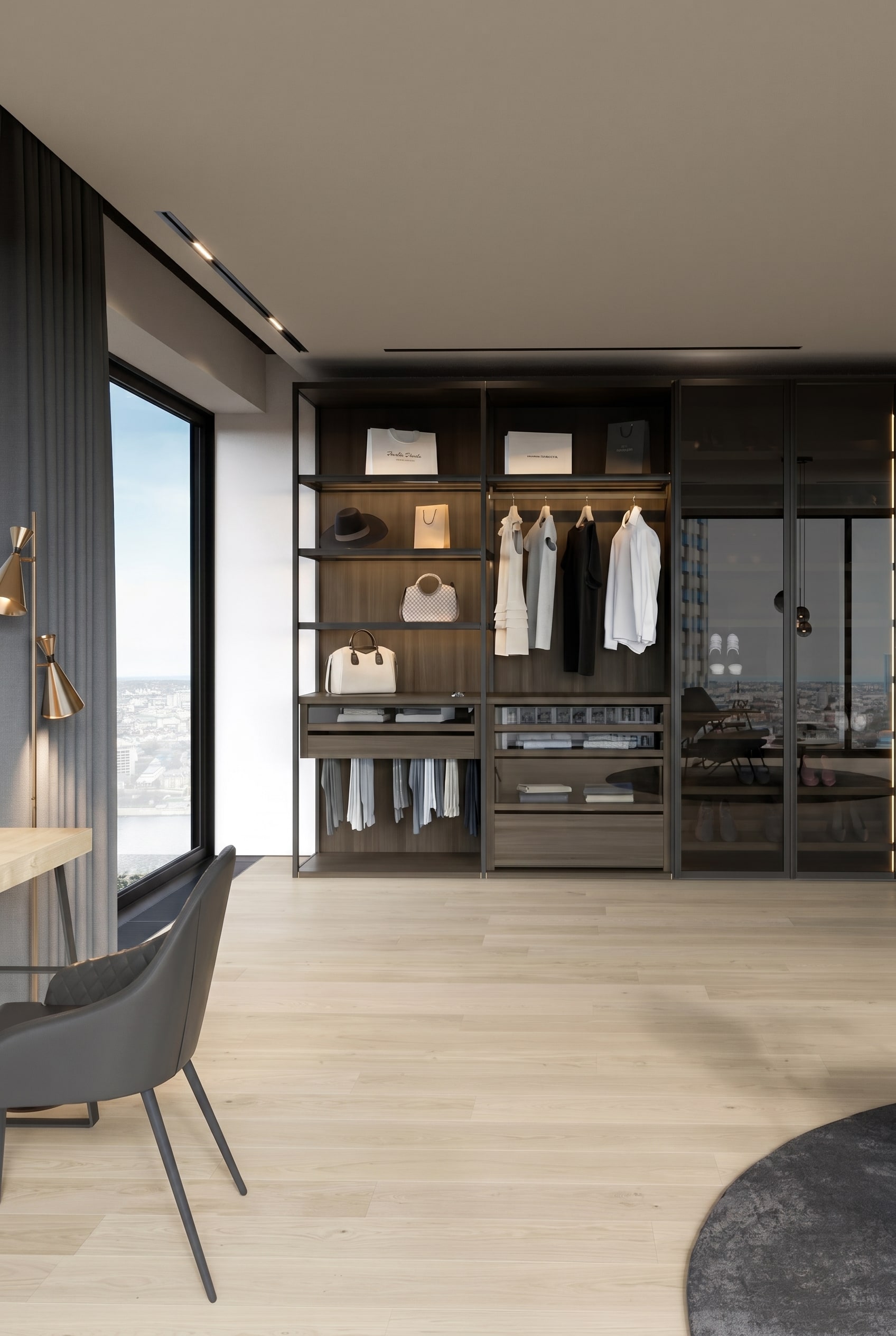 Dressing style boutique avec une paroi d'armoire ouverte, des profil&eacute;s m&eacute;talliques sombres, des tringles &agrave; v&ecirc;tements &eacute;clair&eacute;es et des tiroirs bas ferm&eacute;s