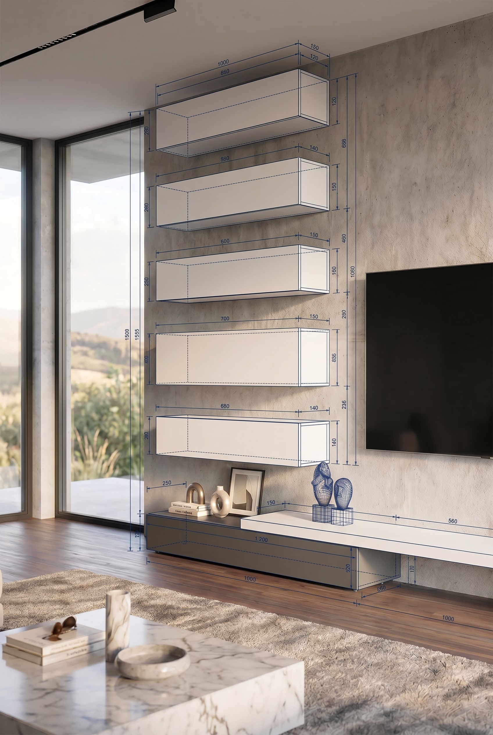 Visualisation des diff&eacute;rentes possibilit&eacute;s d'adaptation du meuble TV modulaire