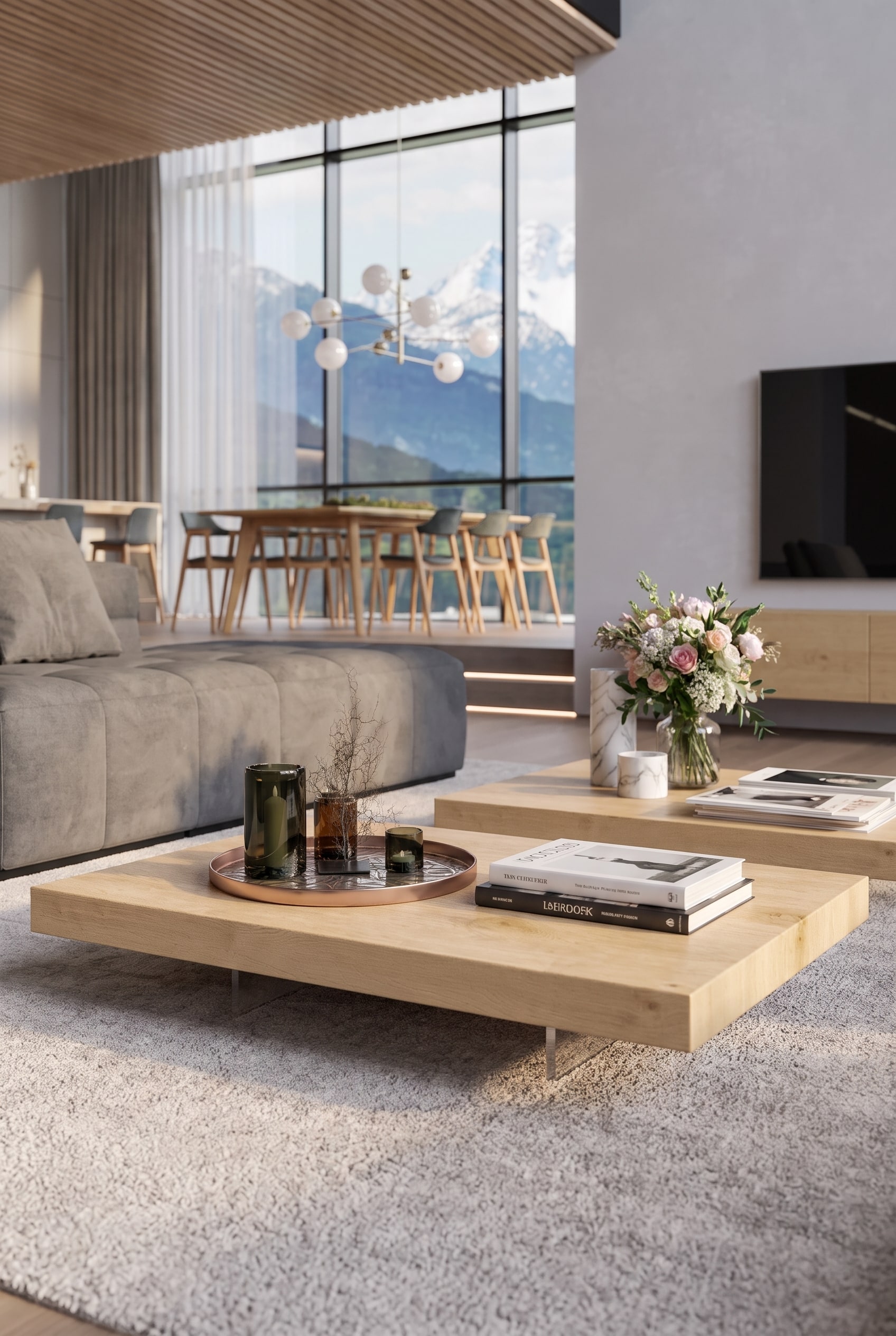 Salon spacieux avec une table basse en ch&ecirc;ne tr&egrave;s large et basse, qui se dresse massivement devant une grande baie vitr&eacute;e.