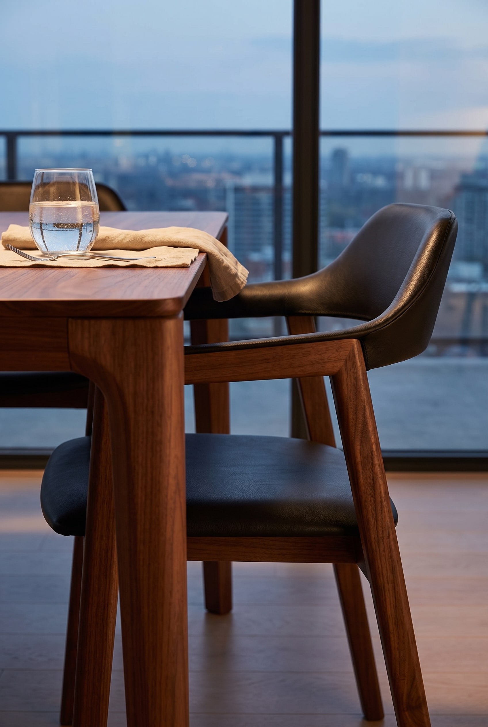 Chaise avec accoudoirs moderne Conde House Ten en bois avec des accoudoirs légèrement inclinés, glissée sous une table à manger pour gagner de la place.