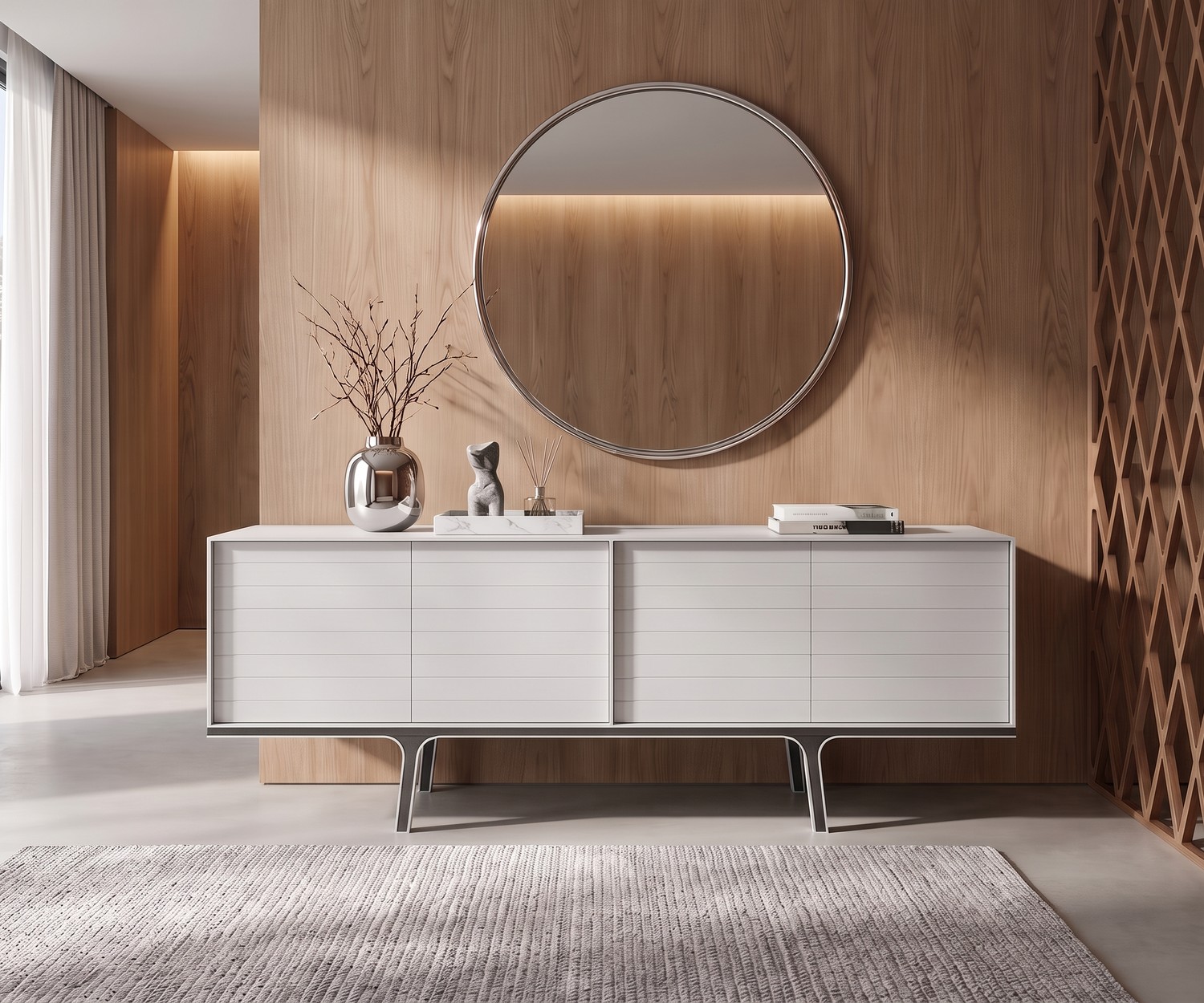 al2 Mobius 002 design dressoir mat wit Mobius 002 design dressoir van al2 in de woonkamer. Modern mat wit dressoir voor een houten wand met een ronde spiegel.
