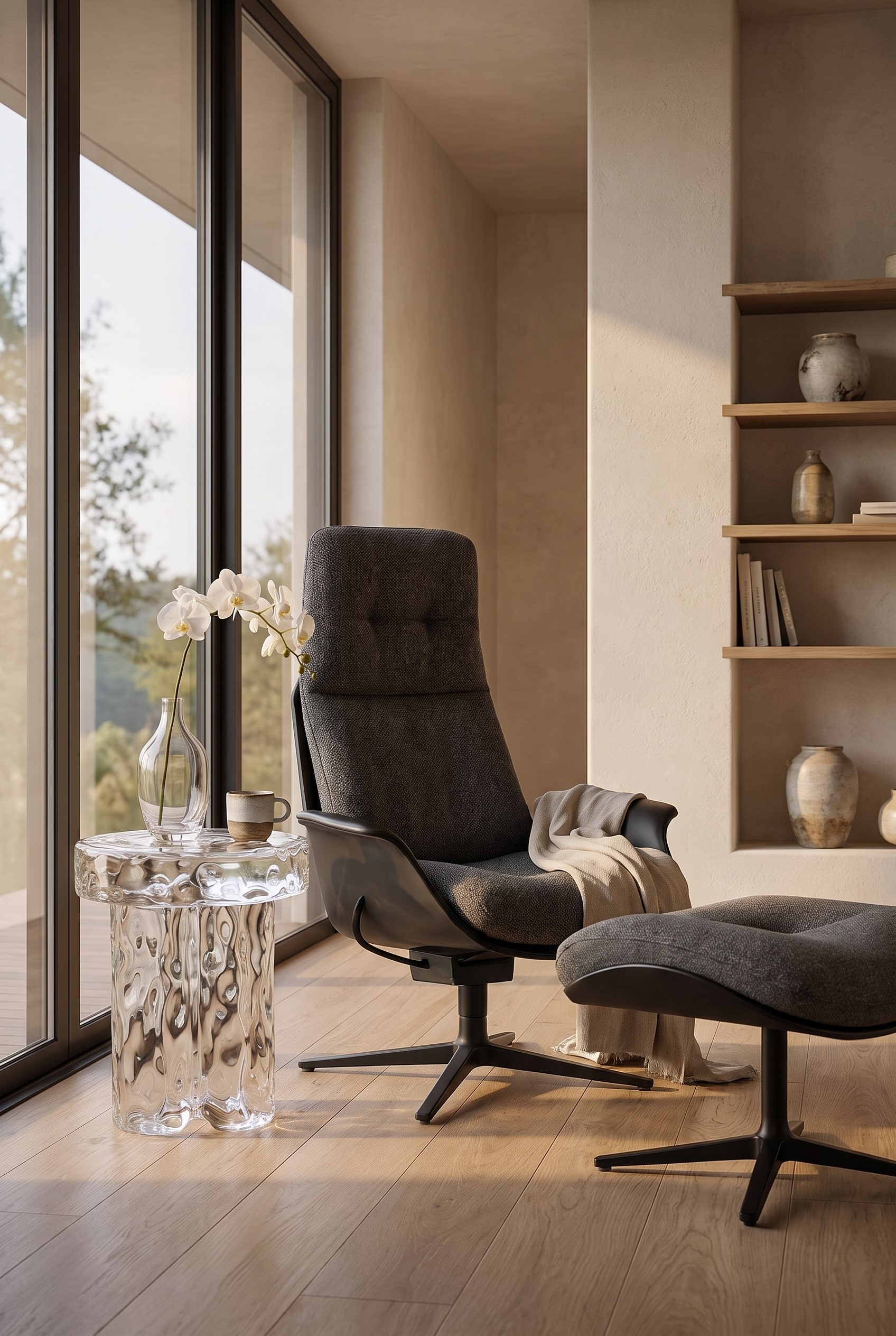 Coin salon avec un fauteuil enveloppant &agrave; haut dossier en tissu gris fonc&eacute; et de grandes fen&ecirc;tres du sol au plafond