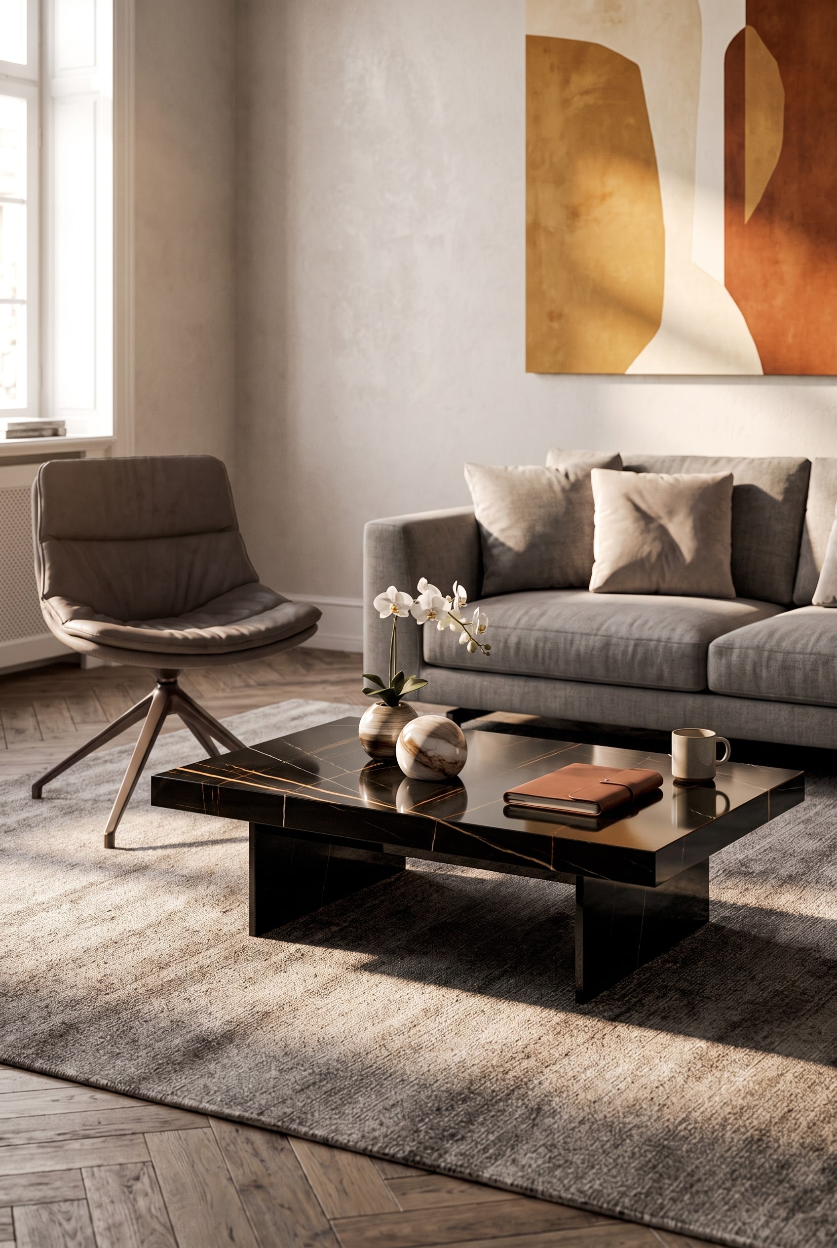 Table basse Ozzio Bellagio avec plateau en c&eacute;ramique dans un salon moderne, dont la surface est facile &agrave; nettoyer d'un coup de chiffon