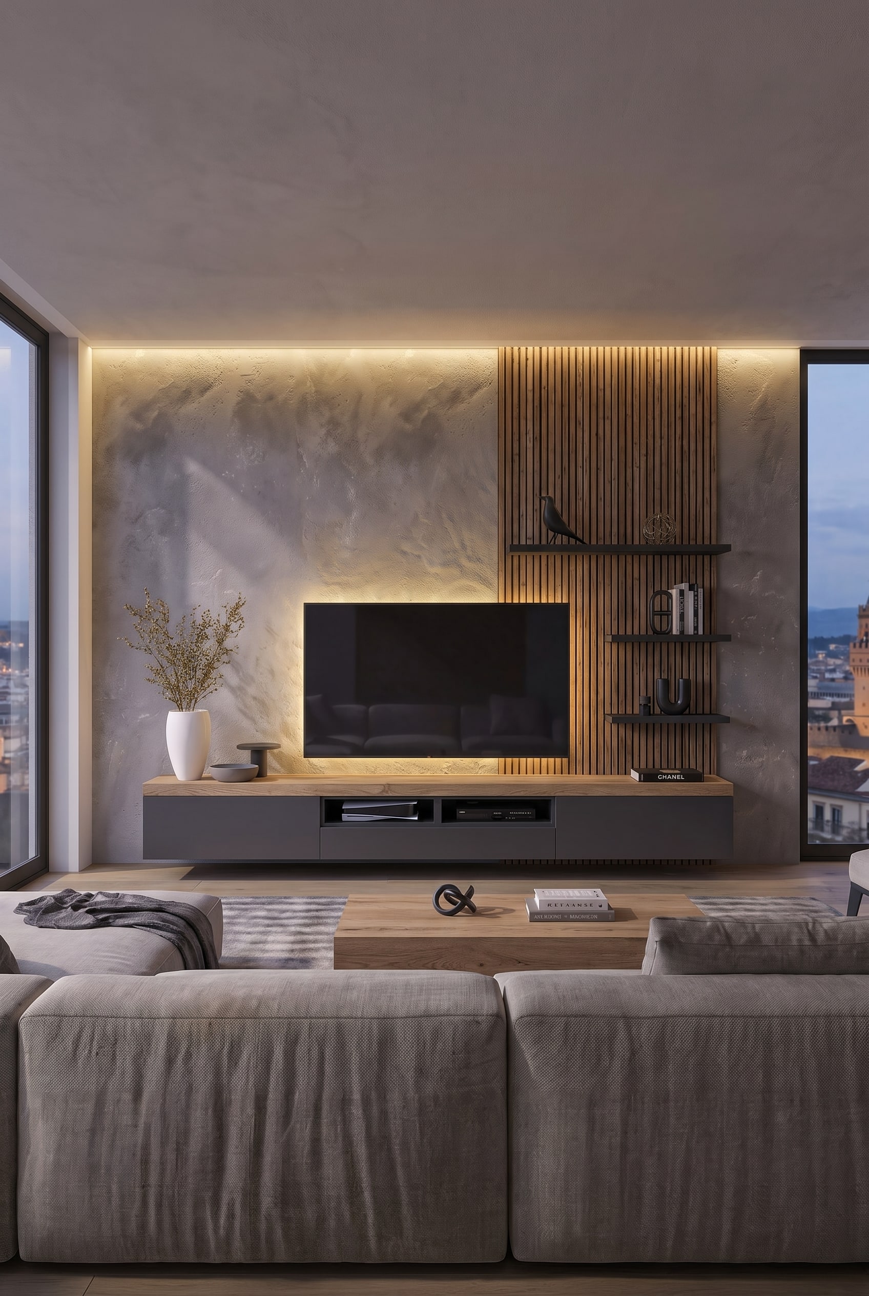 Salon moderne avec le meuble bas suspendu Livitalia C101 en gris anthracite et ch&ecirc;ne