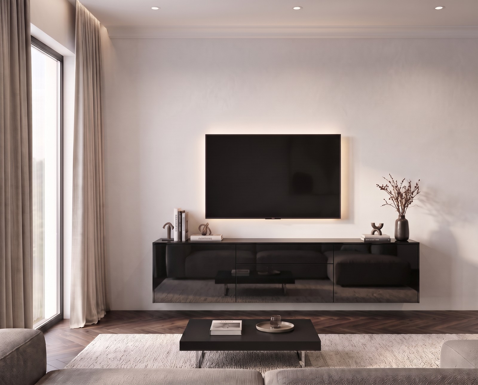 Livitalia TV-Sideboard Spaziora in Schwarz Hochglanz, B 180 cm, hängend im Wohnzimmer