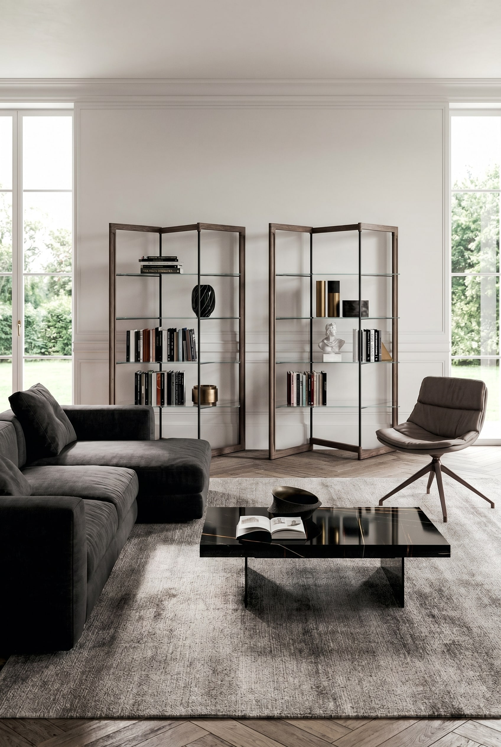 Salon &eacute;l&eacute;gant avec canap&eacute; d'angle sombre, tapis clair et une table basse carr&eacute;e avec plateau en verre noir r&eacute;fl&eacute;chissant