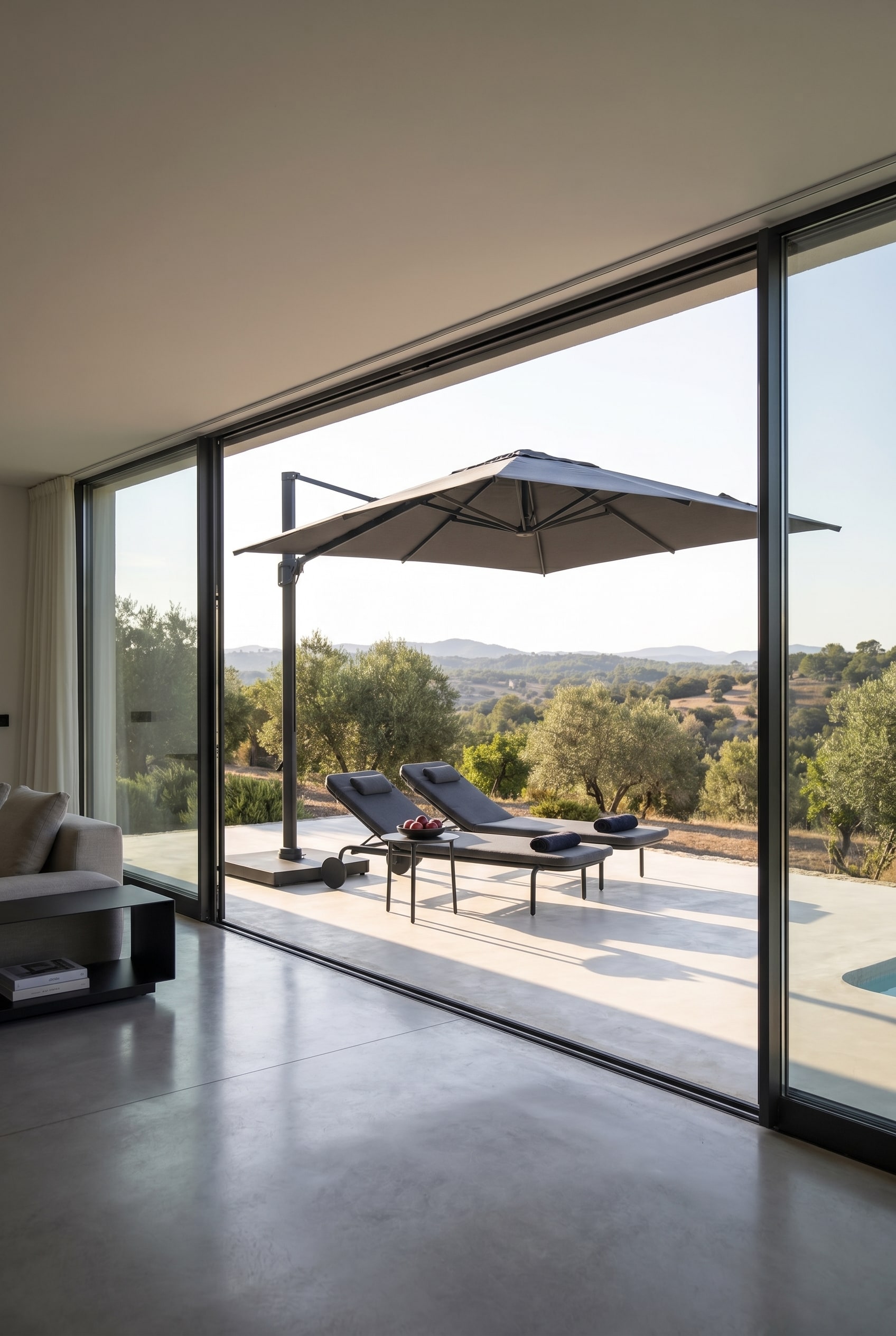 Chambre moderne avec façade vitrée ouverte sur la terrasse, grand parasol déporté et deux bains de soleil Todus Starling gris foncé