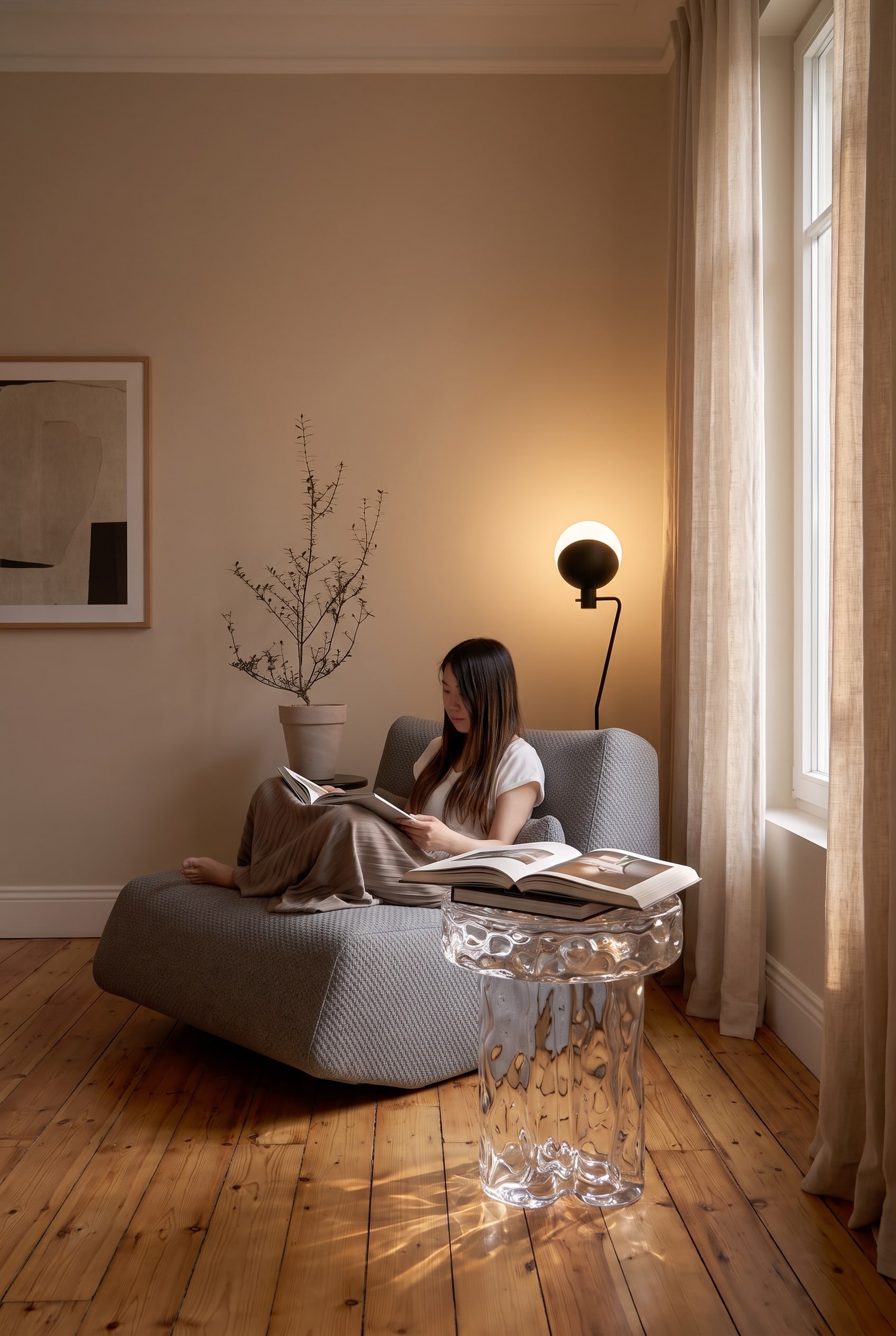 Ein moderner, skulptural geformter Lounge-Sessel neben einem runden Beistelltisch aus Glas vor einem massiven Holzbücherregal.