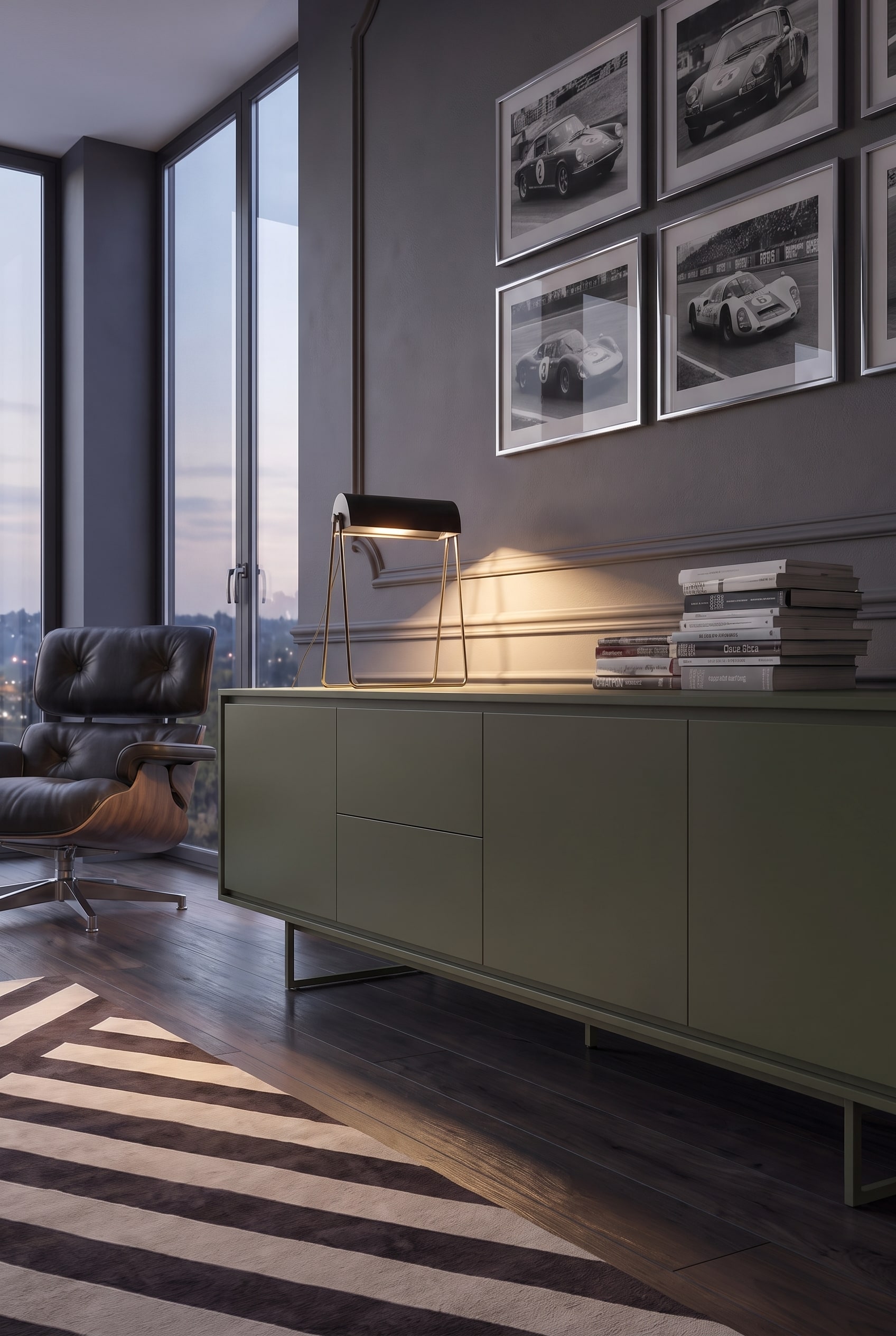 Vue d&eacute;taill&eacute;e de la fa&ccedil;ade sans poign&eacute;e, vert olive mat d'un sideboard sous une douce lumi&egrave;re du jour.