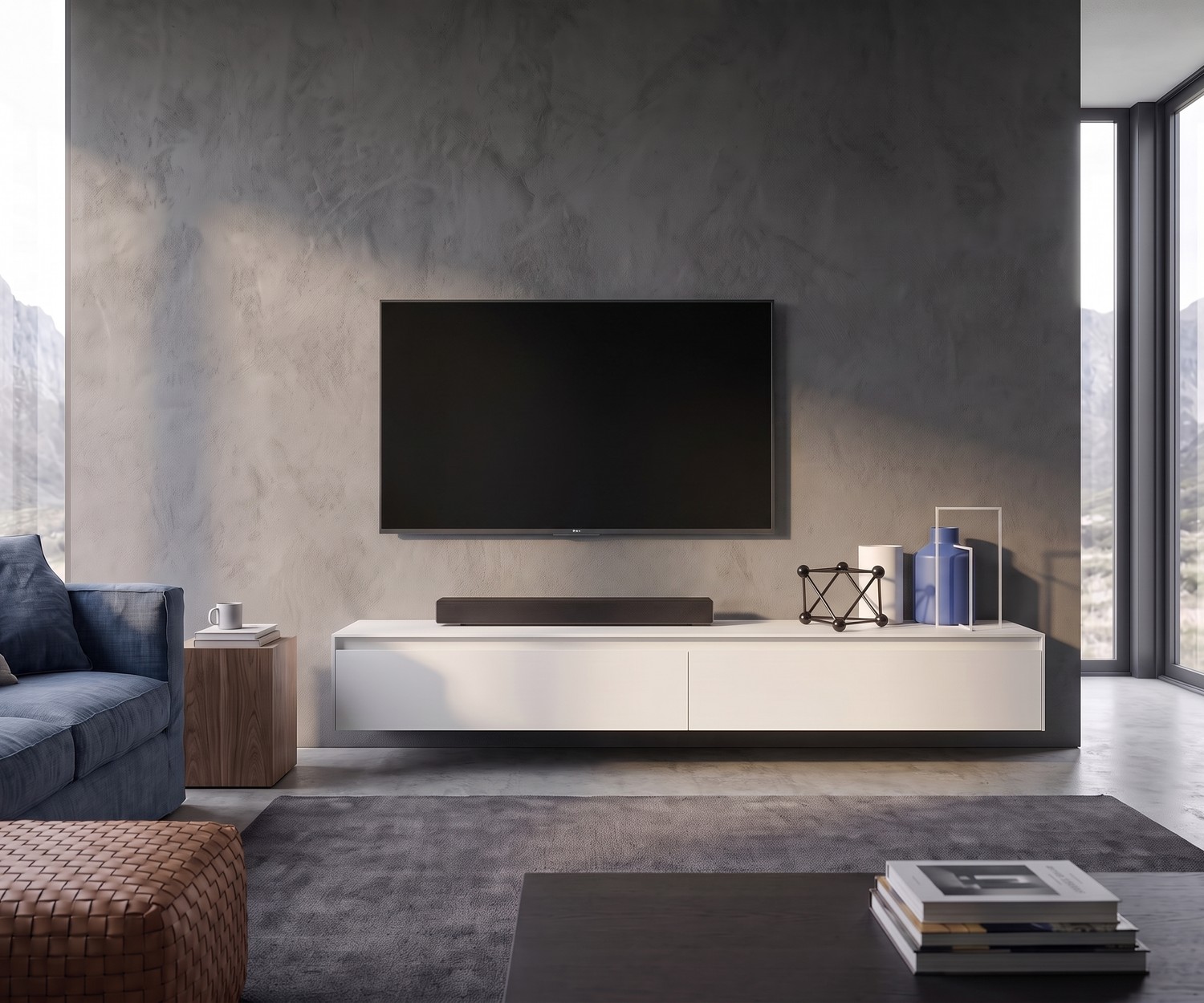 Zwevend TV-lowboard Novamobili Reverse in een moderne woonkamer met een stoere betonlook wand.