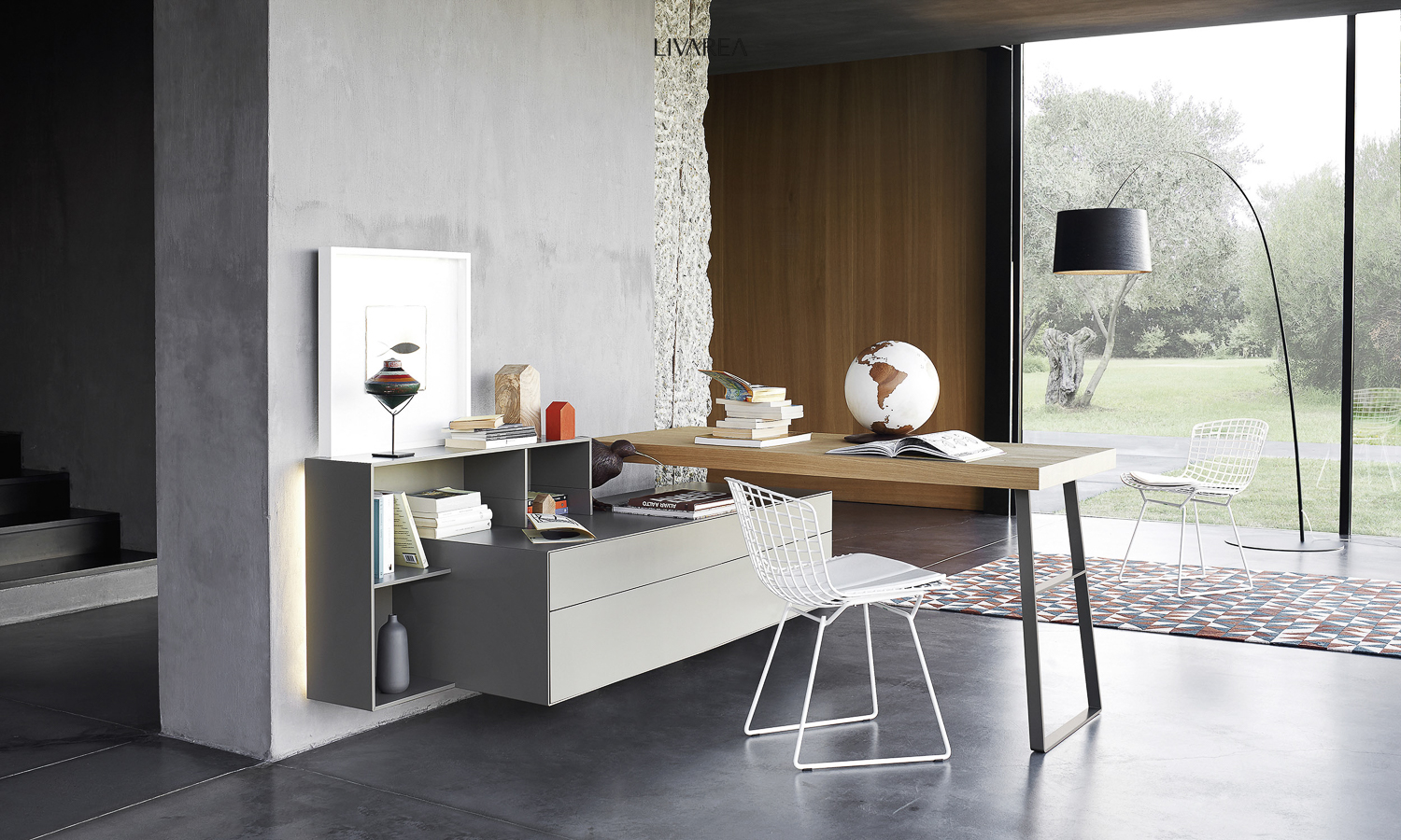 Veelzijdige design ladekast met houten bureau en legplank Veelzijdige design ladekast met houten bureau en legplank