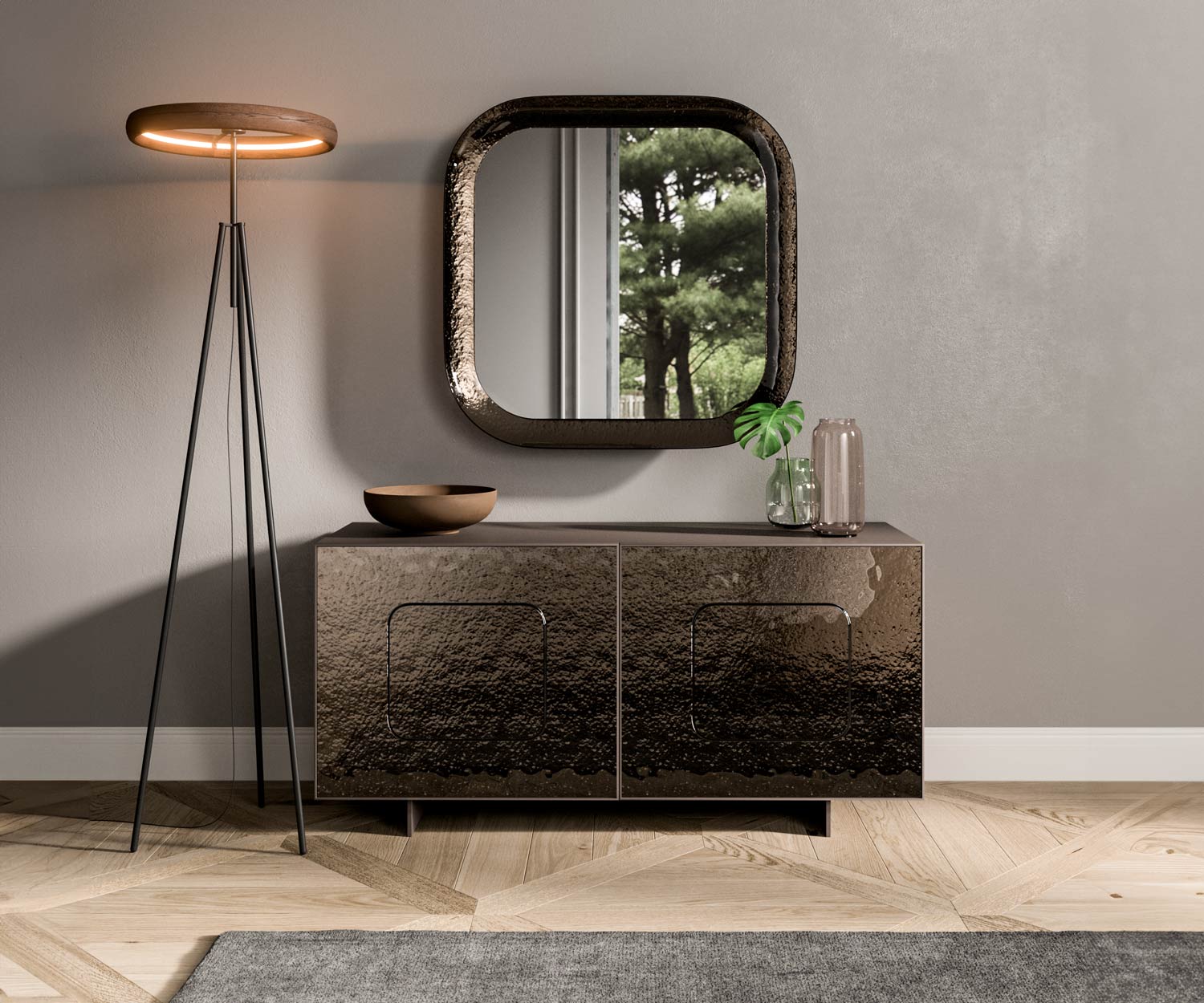 Design dressoir met zilveren glazen front Design dressoir met zilveren glazen front
