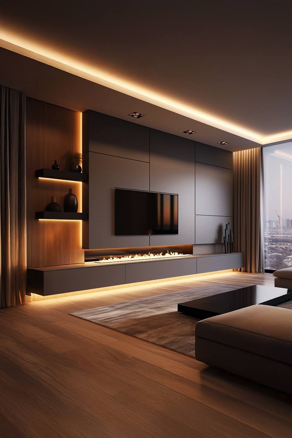 meuble-tv-sombre-avec-articles-de-decoration-dans-des-couleurs-assorties-et-des-formes-speciales