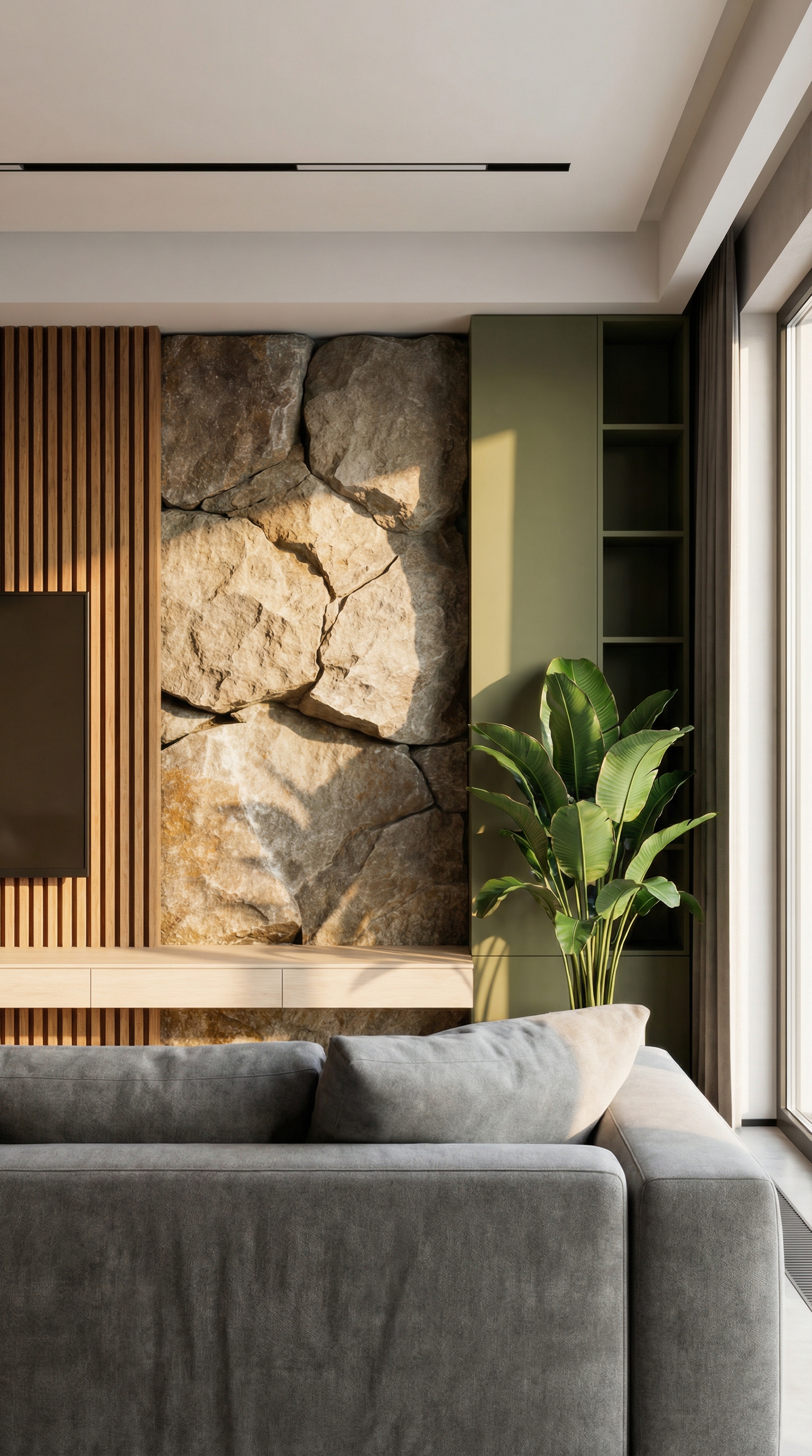 Woonwand met echte steenbekleding en hout voor olijfgroene muur