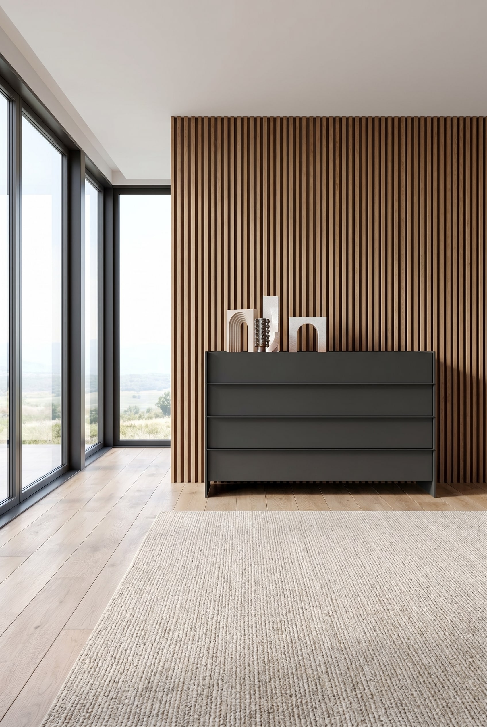 Chambre minimaliste avec fen&ecirc;tres du sol au plafond et une longue commode design anthracite contre un mur en bois