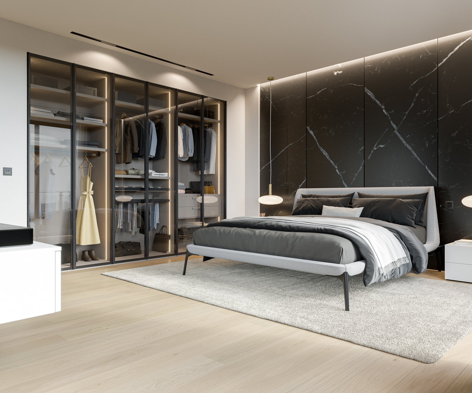Lichte slaapkamer met garderobekast met glazen deur Lichte slaapkamer met garderobekast met glazen deur