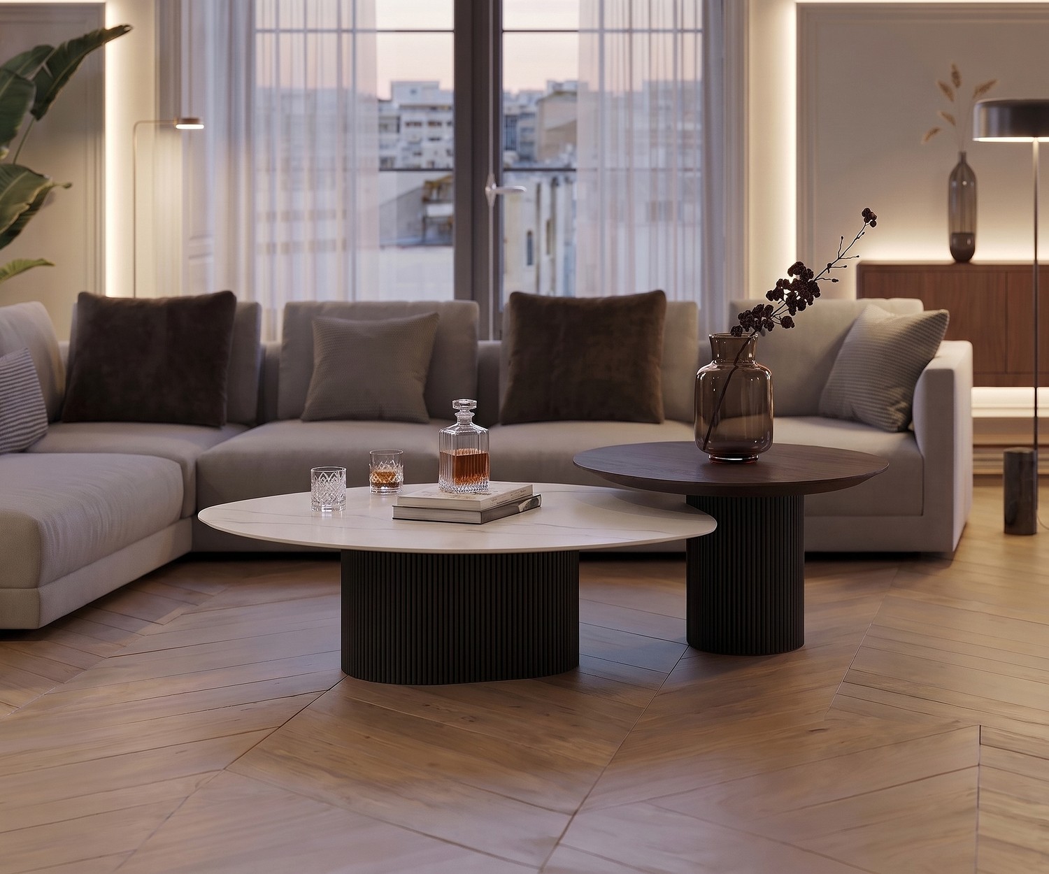 Salontafel voor de woonkamer al2 dakry 006 als elegante set van keramiek en hout voor een moderne grijze hoekbank.