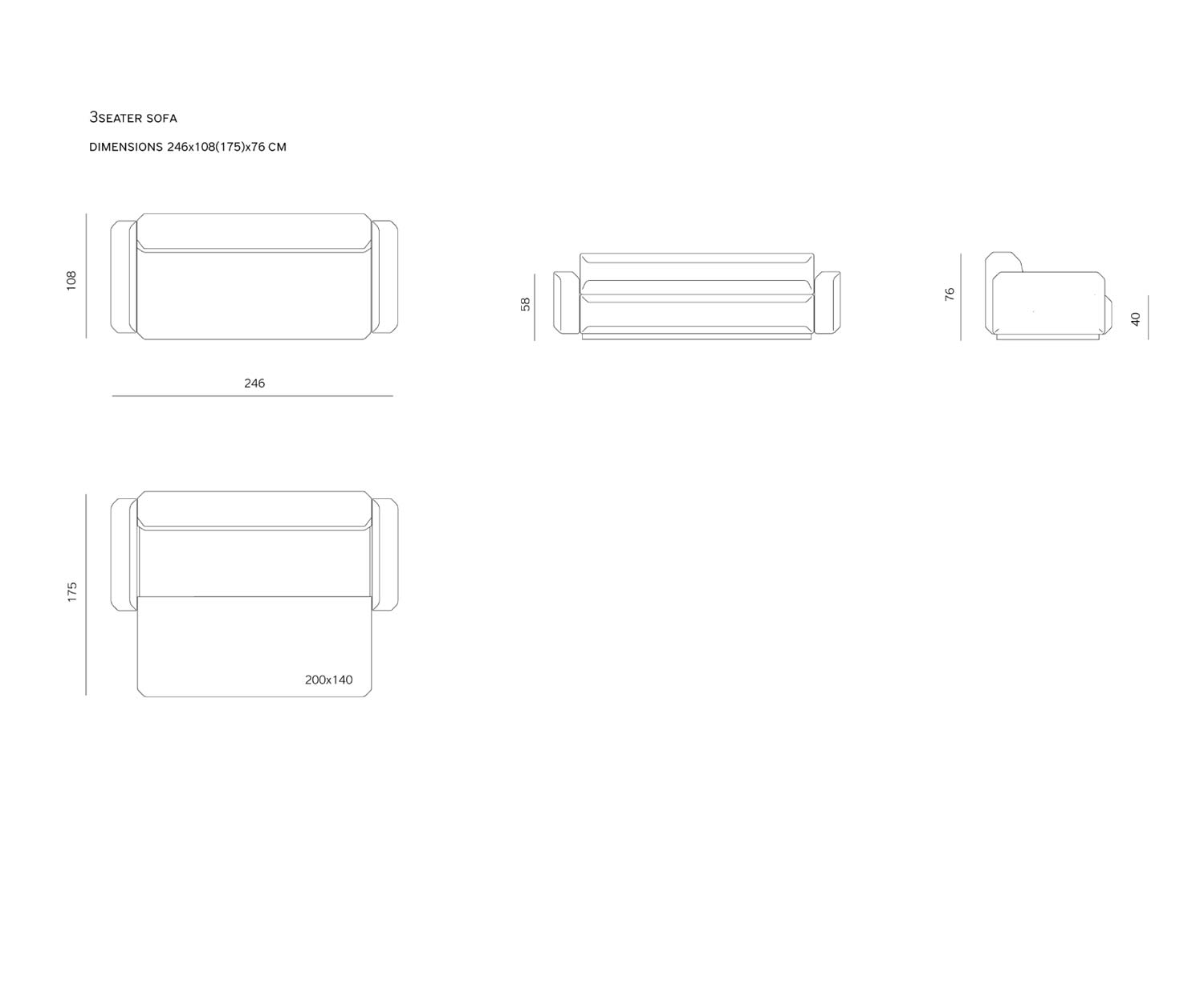 Prostoria Design slaapbank Fade 3 zits schets afmetingen Prostoria Design slaapbank Fade 3 zits schets afmetingen