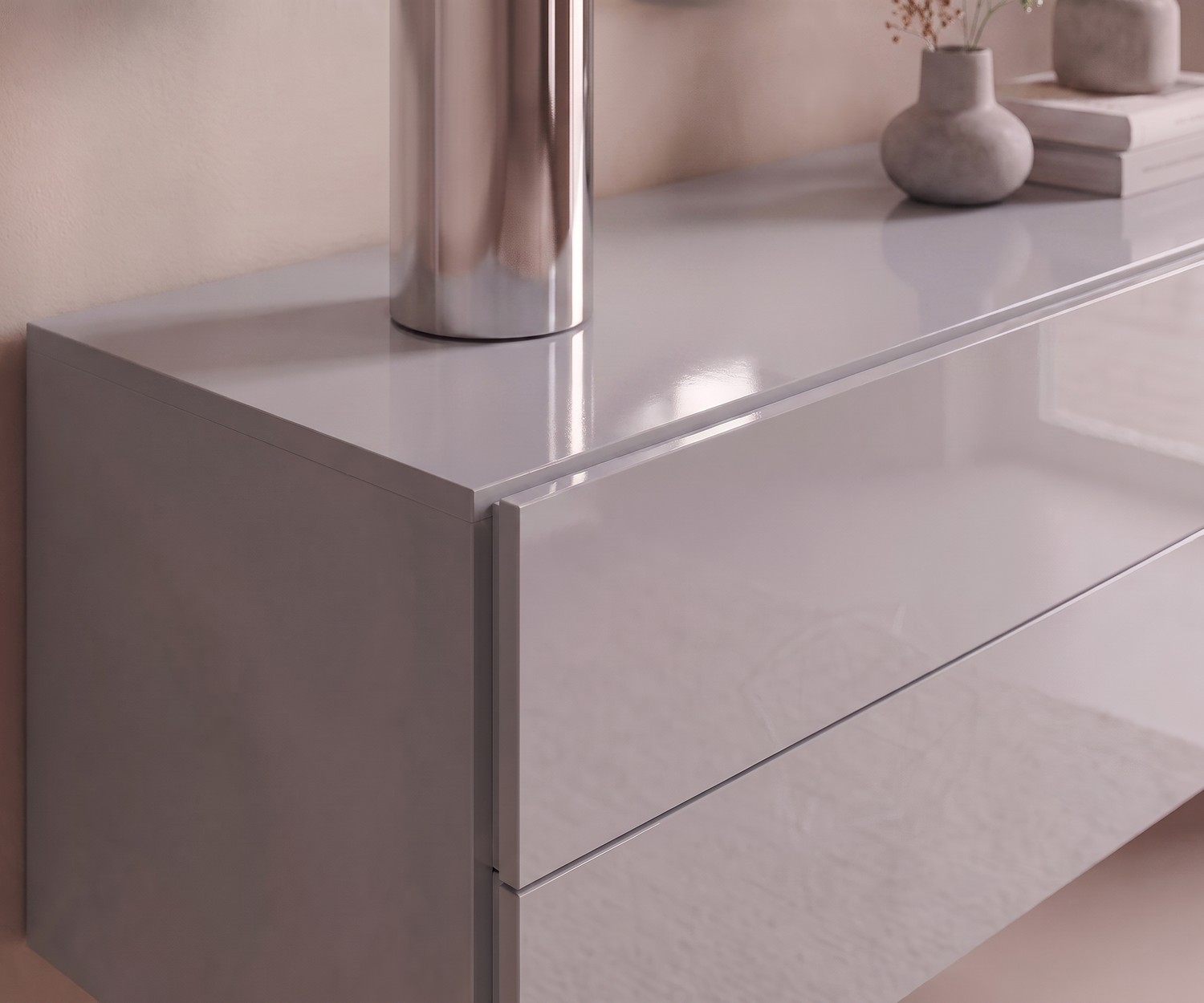 Hangende ladekast Easy voor de woonkamer in lichtgrijs hoogglans, modern zwevend Novamobili dressoir met veel opbergruimte.