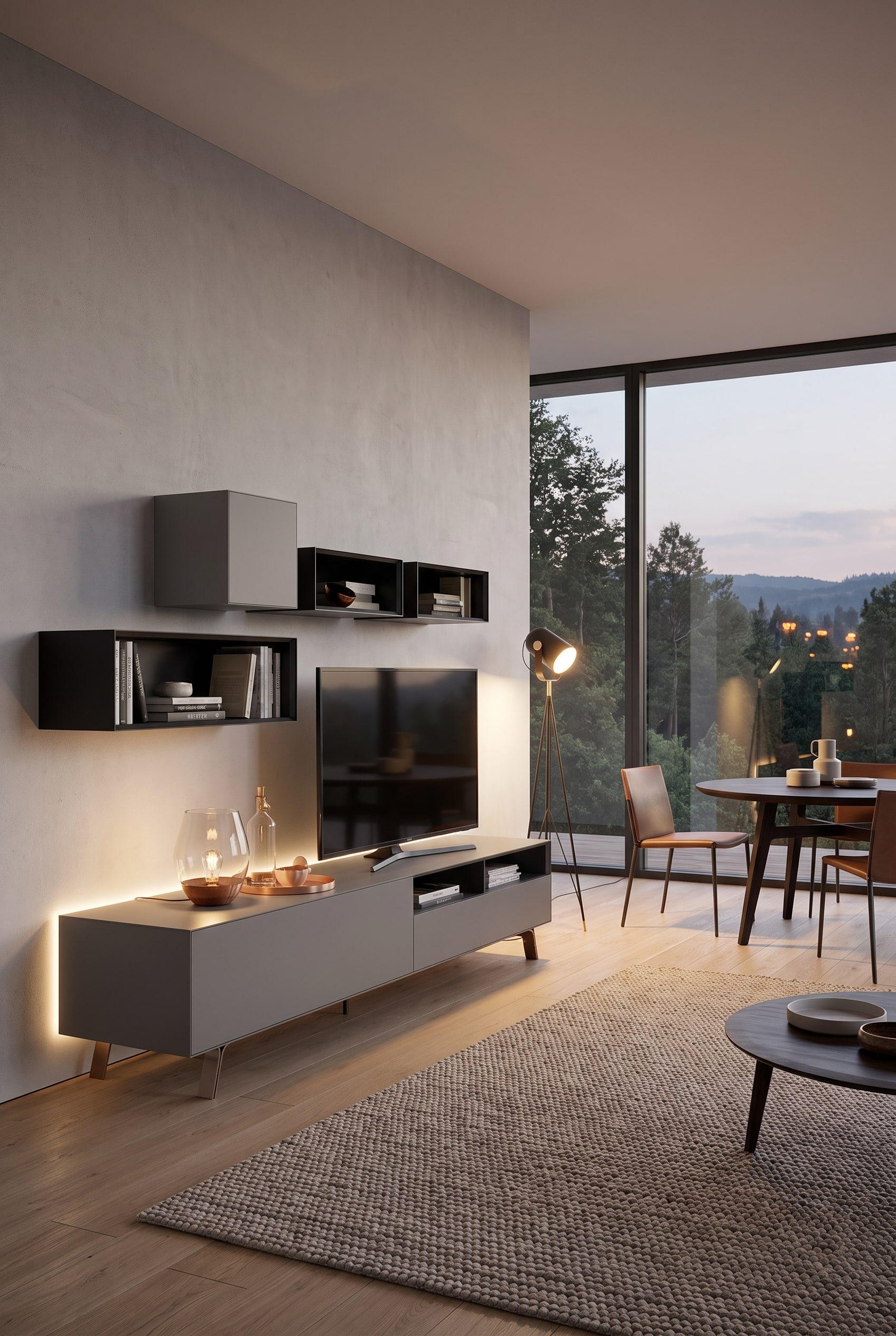 Salon avec combinaison de meubles hauts, d'étagères en bois ouvertes et de façades laquées mates fermées