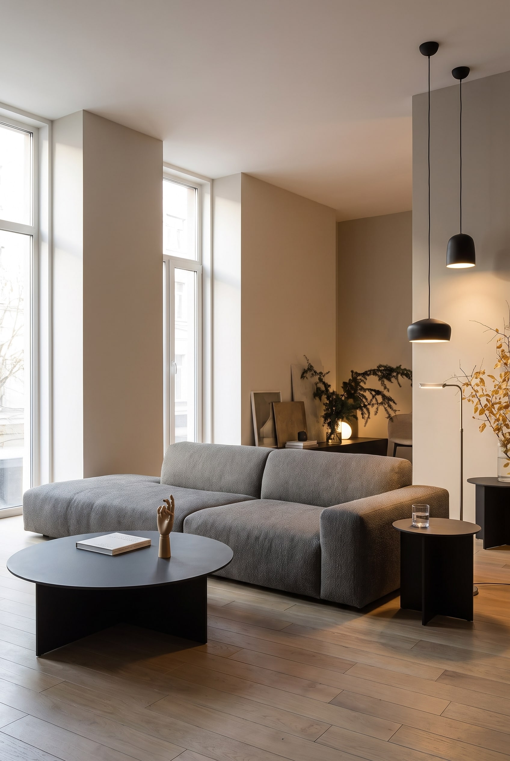 Un canapé Prostoria Cloud de couleur crème dans un salon élégant avec un mur en terre cuite chaud et plus foncé en arrière-plan.