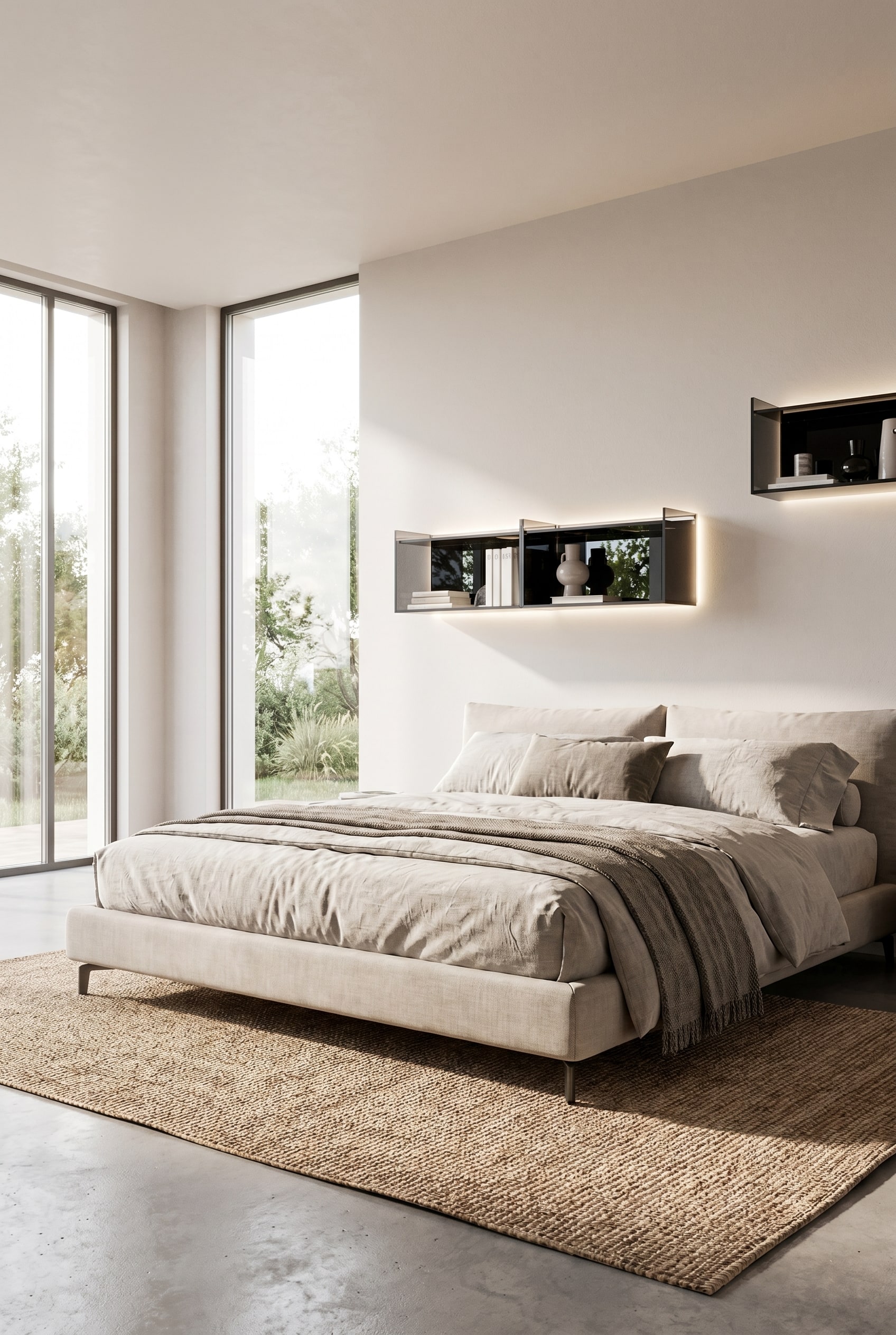 Chambre luxueuse avec une élégante étagère murale en verre fumé Livitalia, montée asymétriquement au-dessus d'un lit rembourré moderne