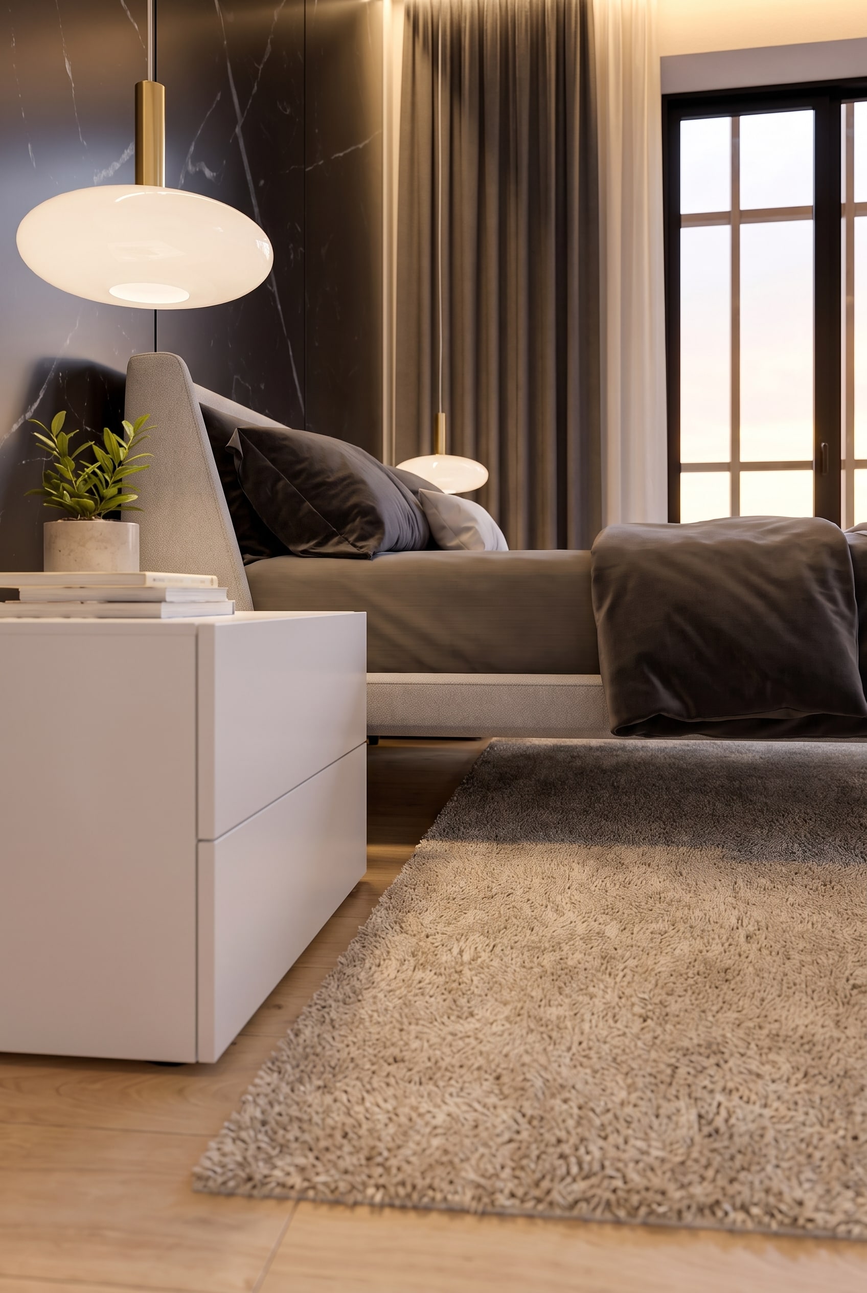 Table de chevet blanche &agrave; deux tiroirs &agrave; c&ocirc;t&eacute; d'un lit rembourr&eacute;, un tapis de chambre moelleux commence au ras du bord avant sur un parquet en ch&ecirc;ne.