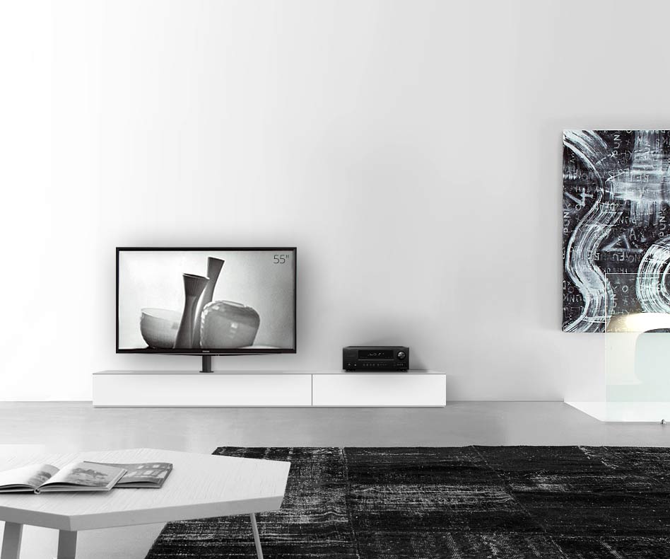 Table basse design Configurateur avec support TV au sol Largeur 240 25,5 54,6 gauche blanc mat