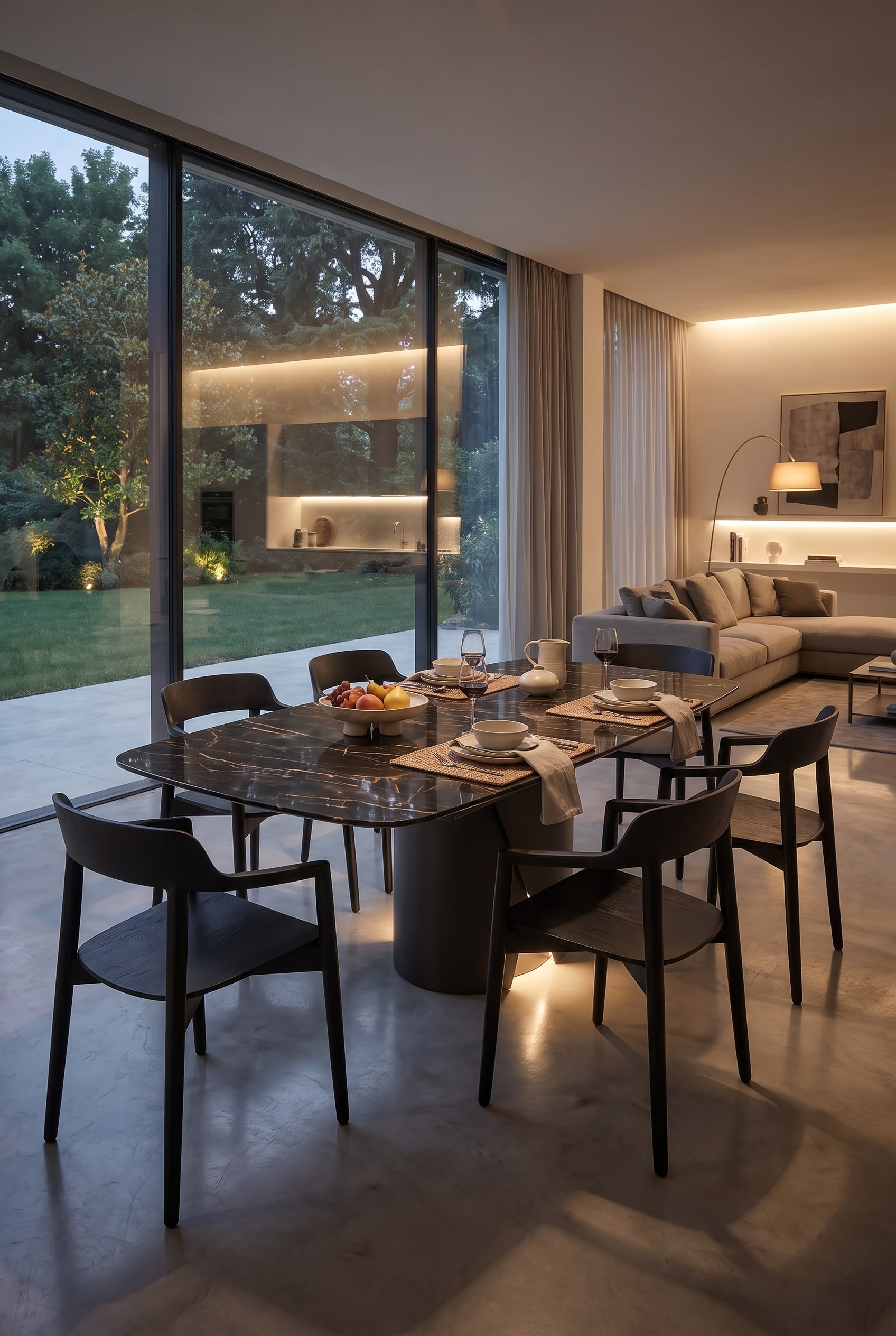 Salle &agrave; manger moderne avec table en c&eacute;ramique aspect marbre fonc&eacute; et quatre chaises modernes