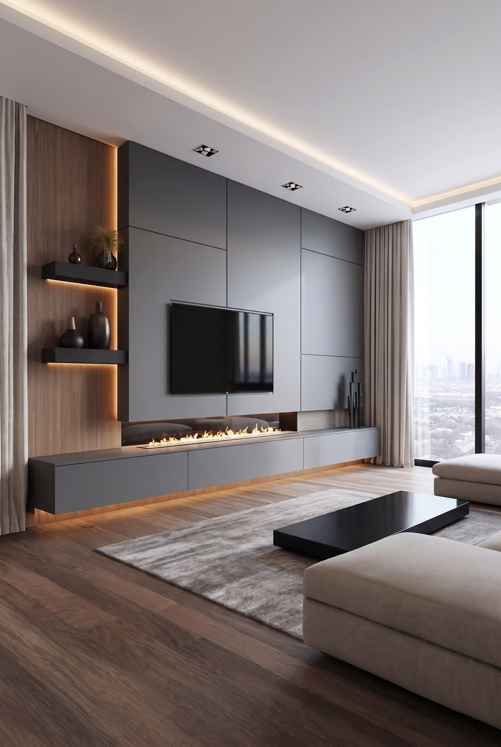 Salon architectural avec meuble TV mural asym&eacute;trique et &eacute;l&eacute;ments de rangement modulaires