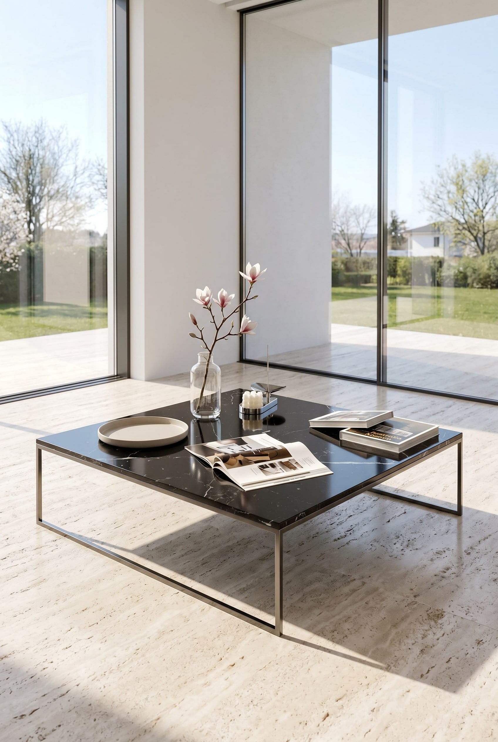 Table basse minimaliste avec cadre m&eacute;tallique fin et plateau en marbre clair, sur laquelle repose un vase en verre avec une seule branche printani&egrave;re