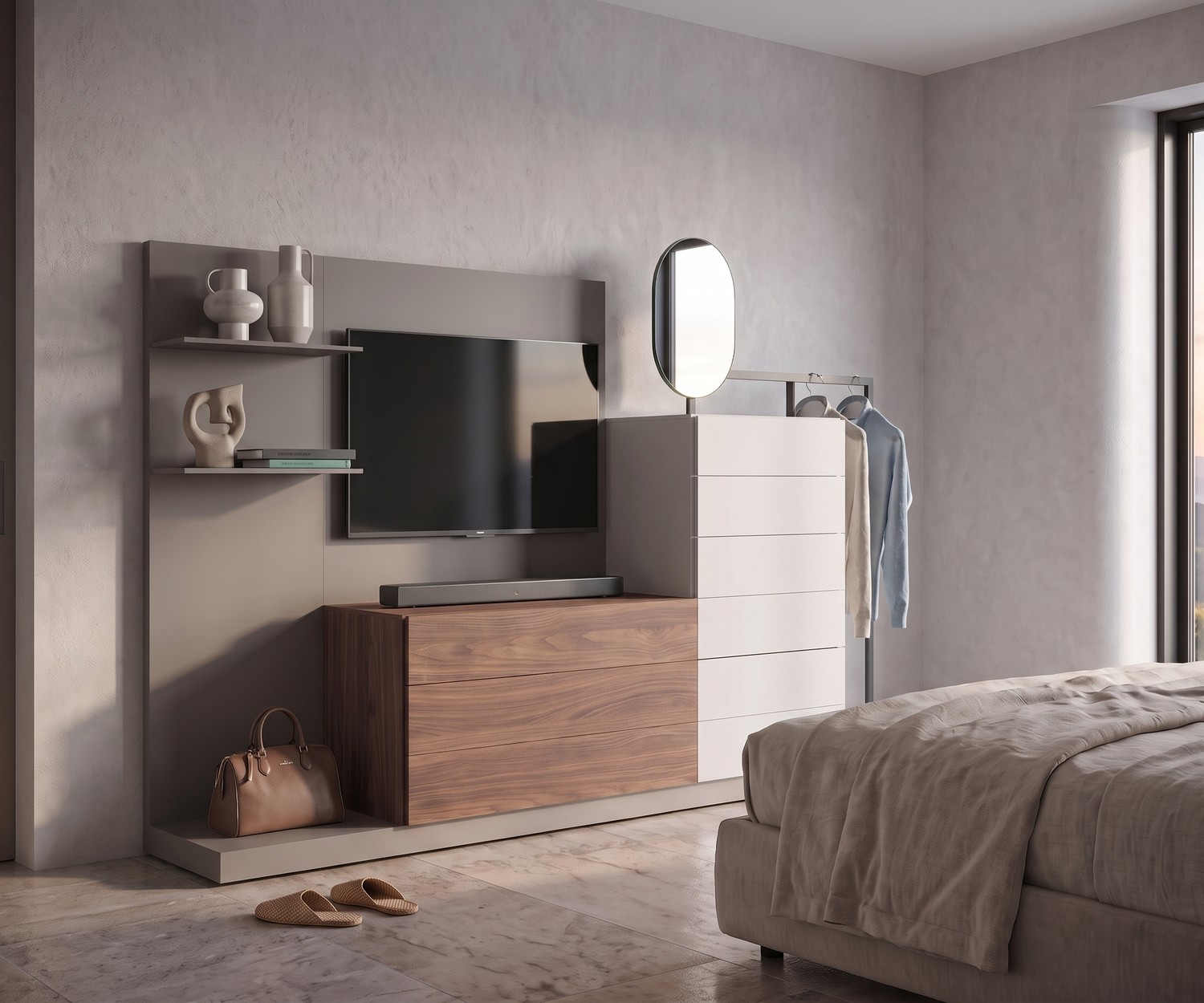 Commode Easy 9 Novamobili avec penderie et panneau TV Commode de chambre Easy 9 par Novamobili avec panneau TV et dressing intégré, design italien moderne en bois et laque.