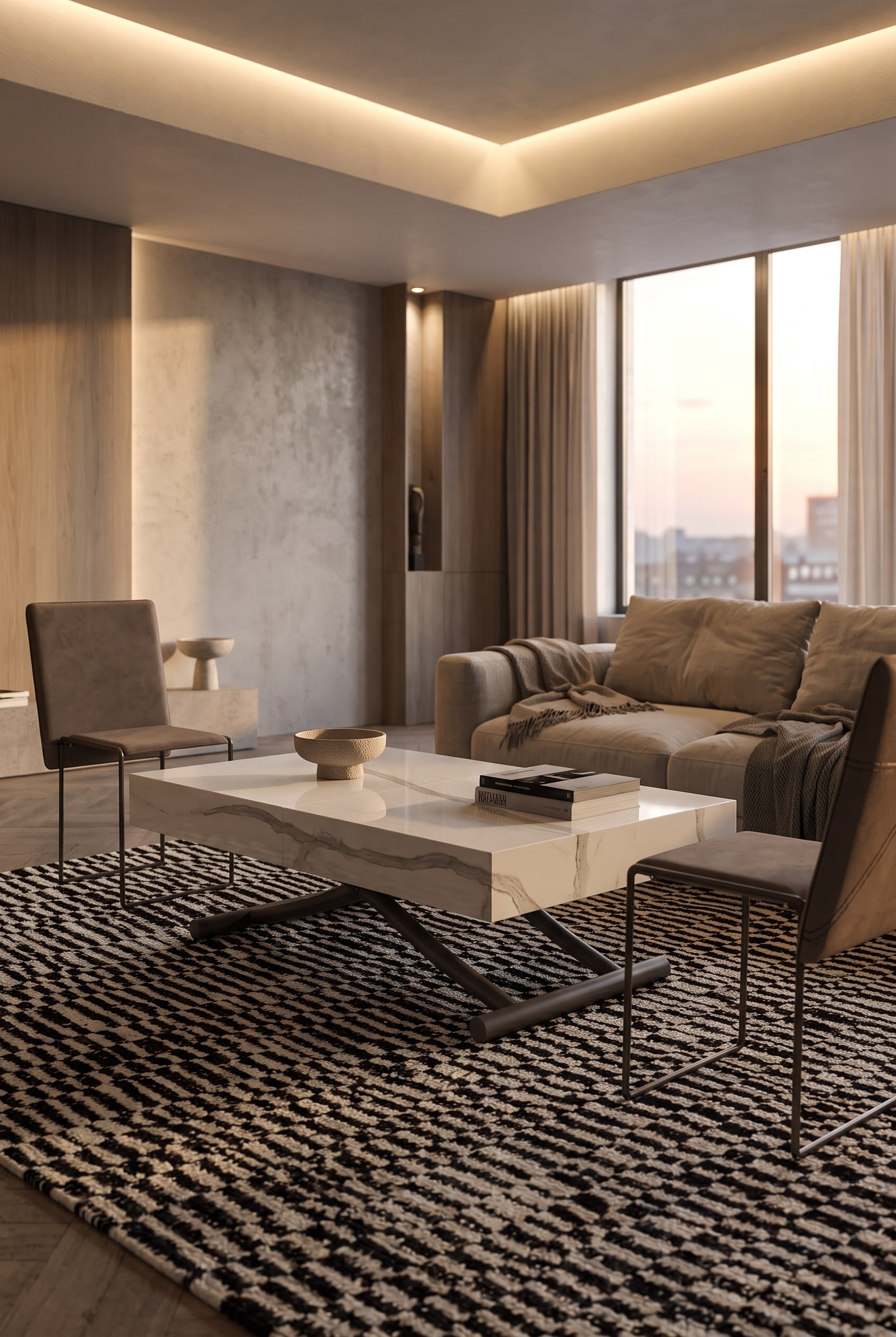 Salon &eacute;l&eacute;gant avec table basse en bois r&eacute;glable en hauteur sur un tapis textur&eacute;